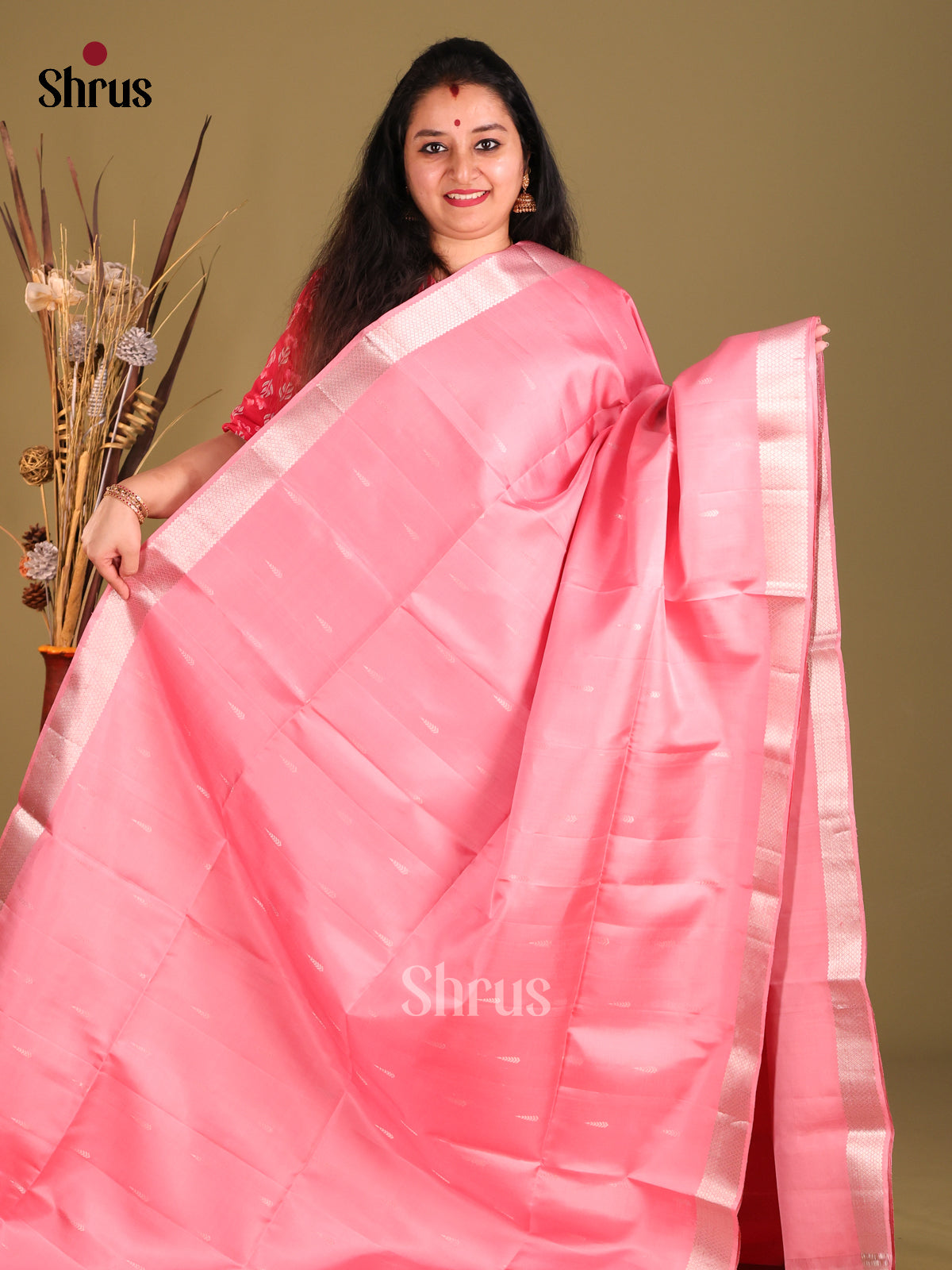 Pink single tone Soft Silk Saree gleams with silk zari buttas-2
