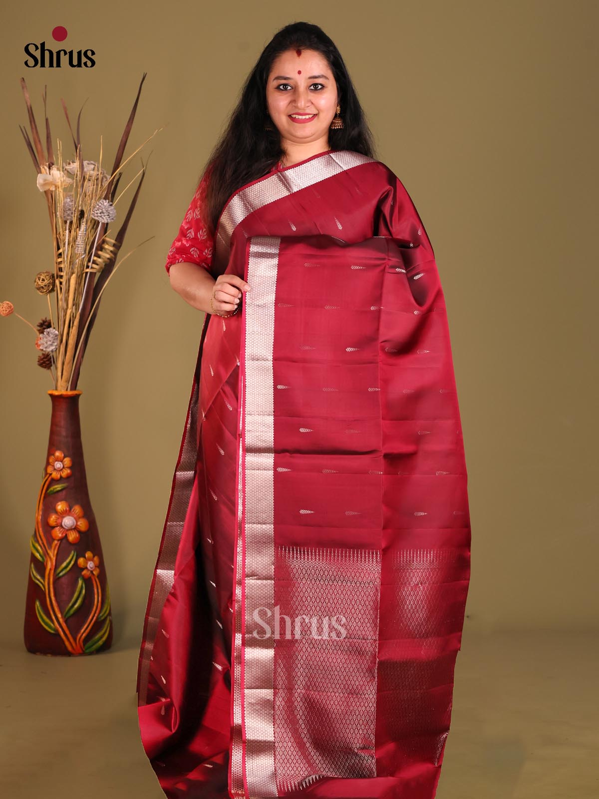 Maroon single tone Soft Silk Saree with silver zari buttas-1