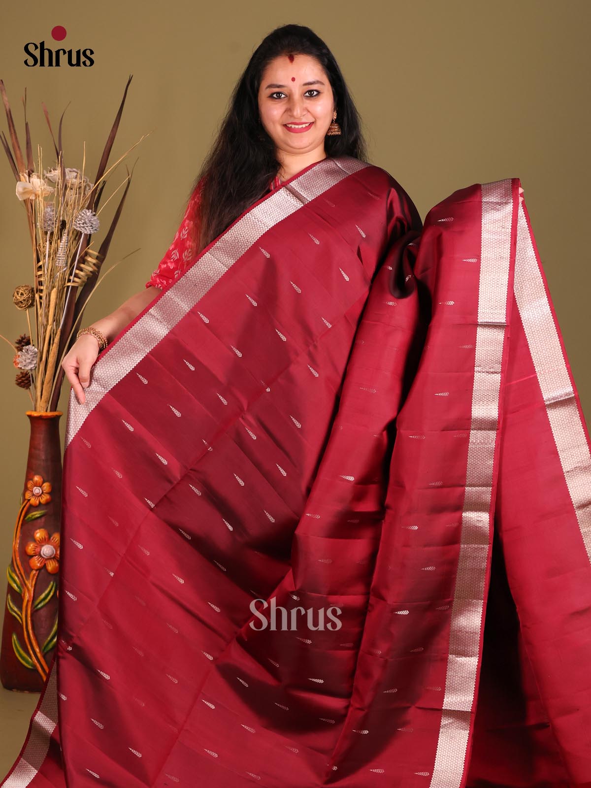 Maroon single tone Soft Silk Saree with silver zari buttas-2