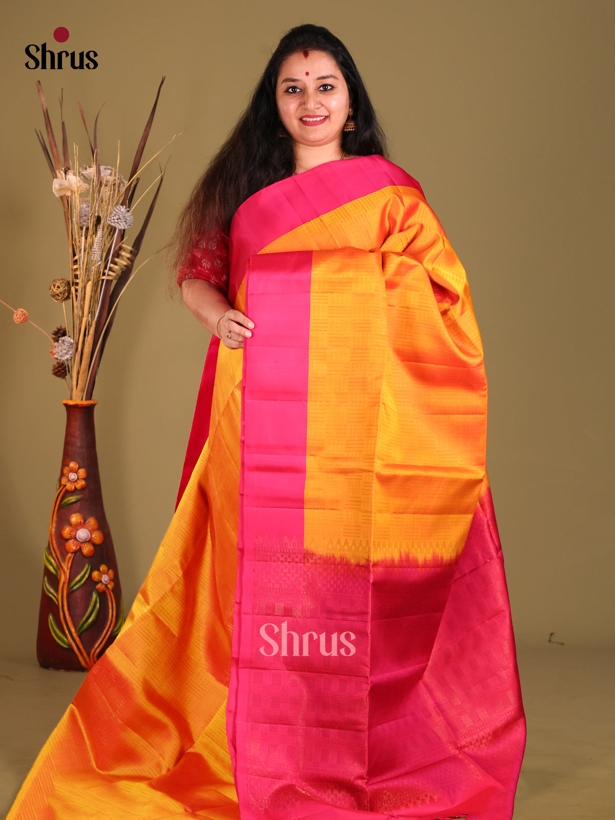 Mambazha Yellow & Pink Soft Silk Saree with zari stripes block buttas-1