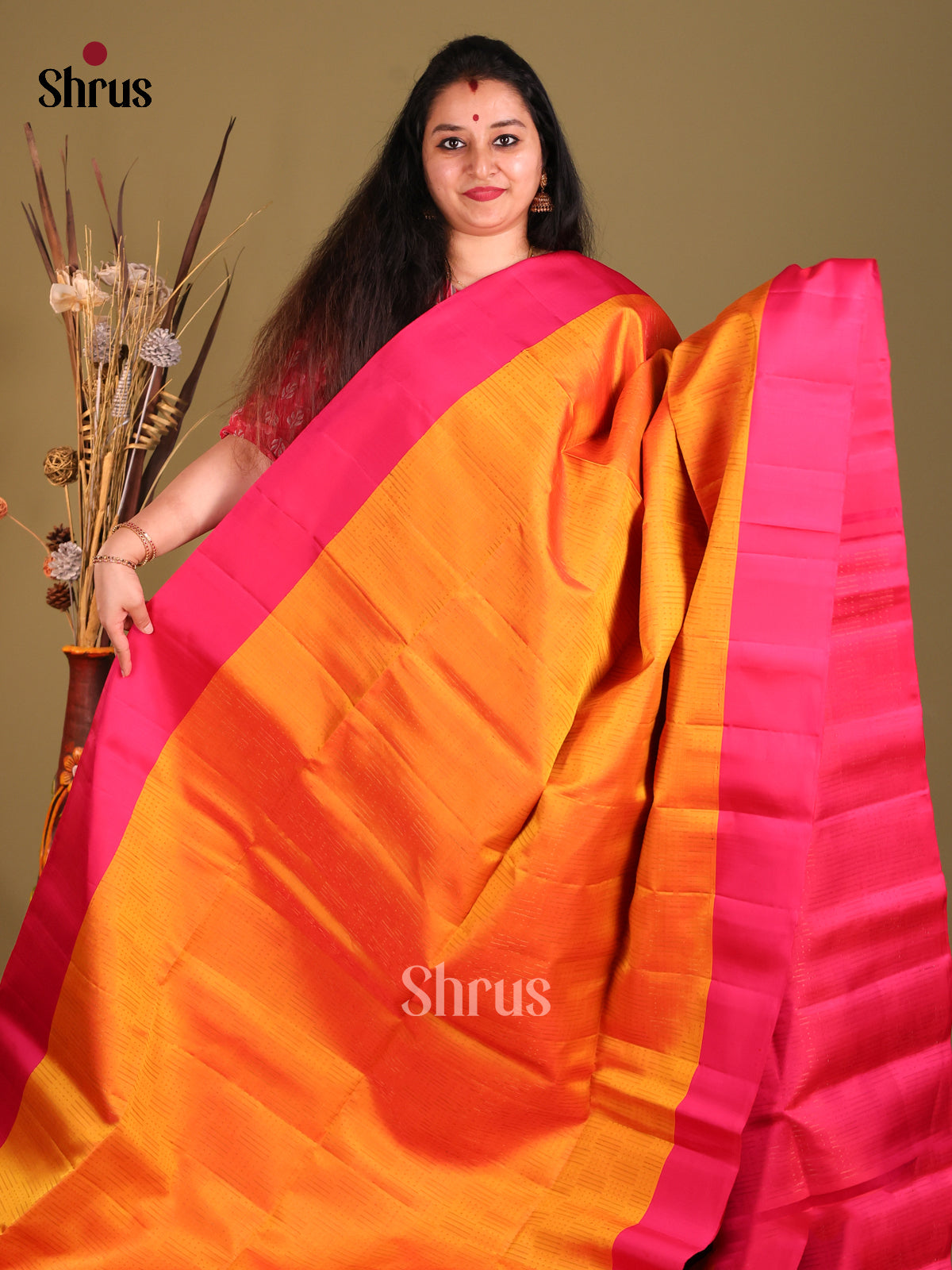 Mambazha Yellow & Pink Soft Silk Saree with zari stripes block buttas-2