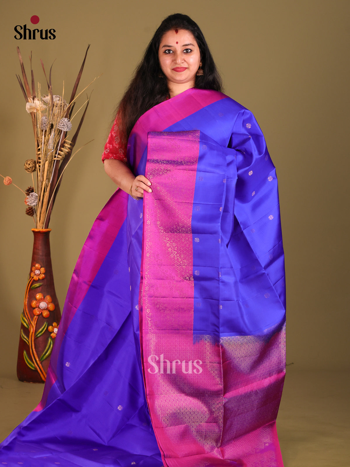 Blue & Magenta Soft Silk Saree with contrast zari brocade border-1
