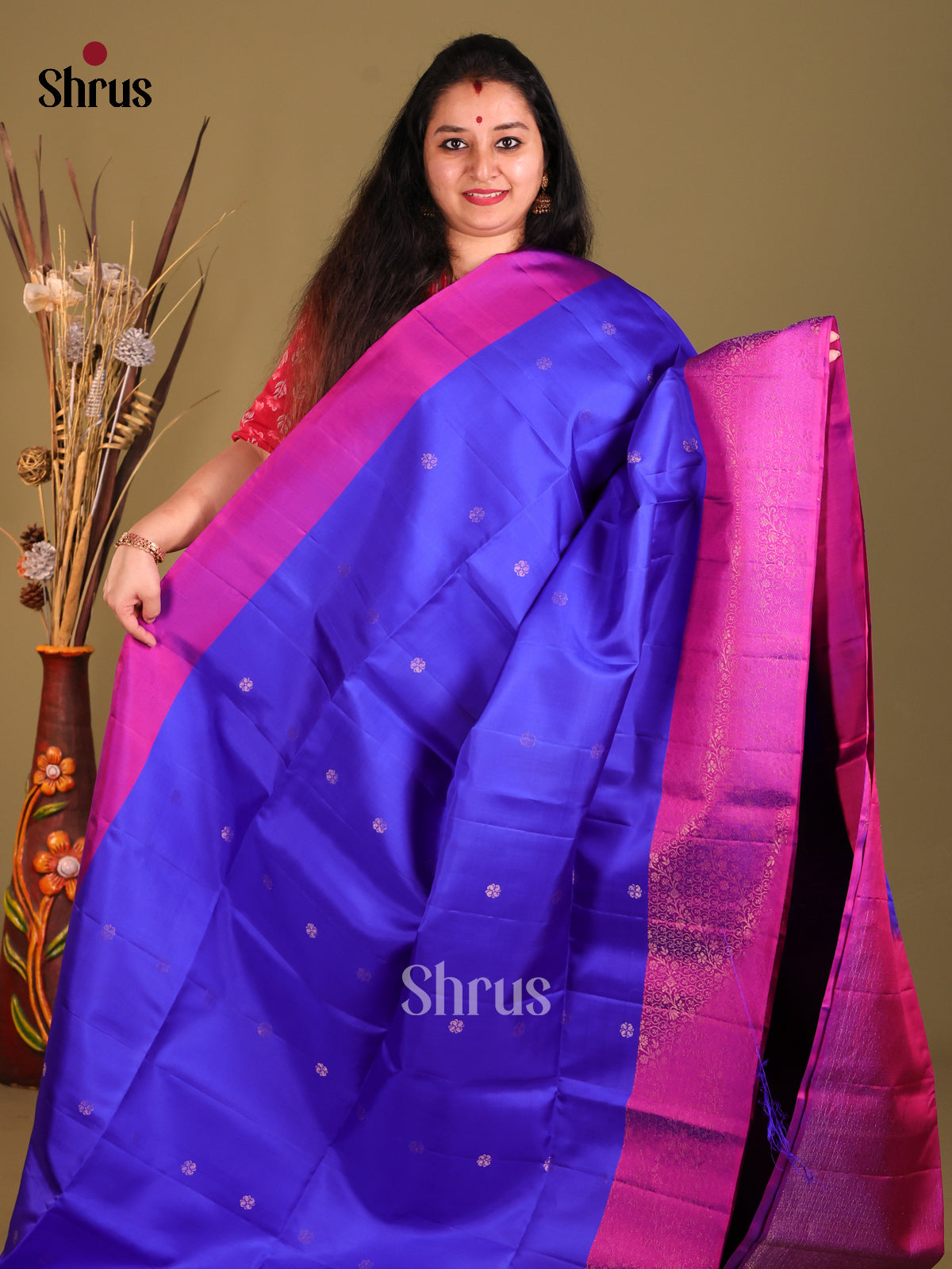Blue & Magenta Soft Silk Saree with contrast zari brocade border-2