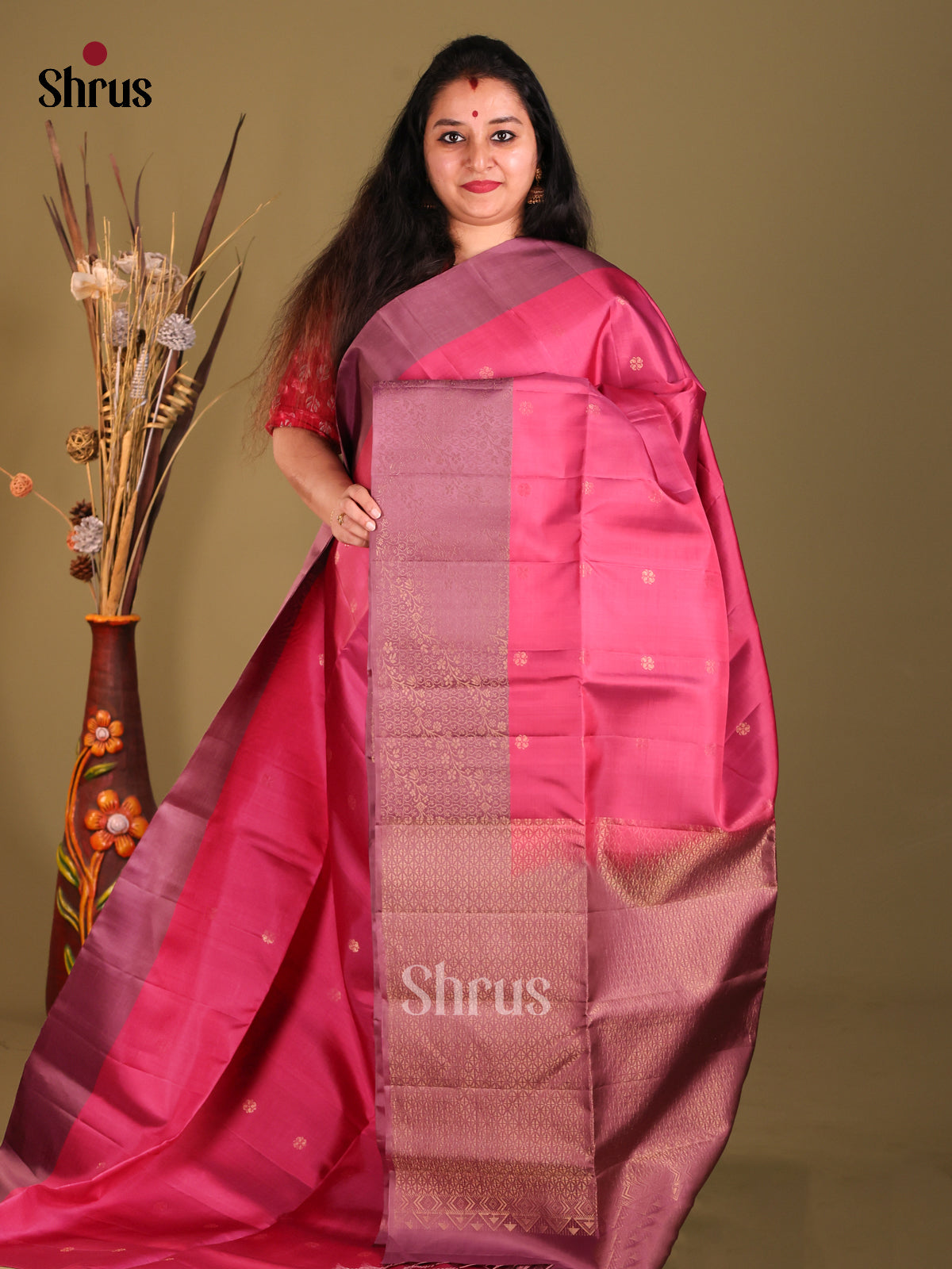 Pink & Dark Lavender Soft Silk Saree gleams with gold zari buttas-1