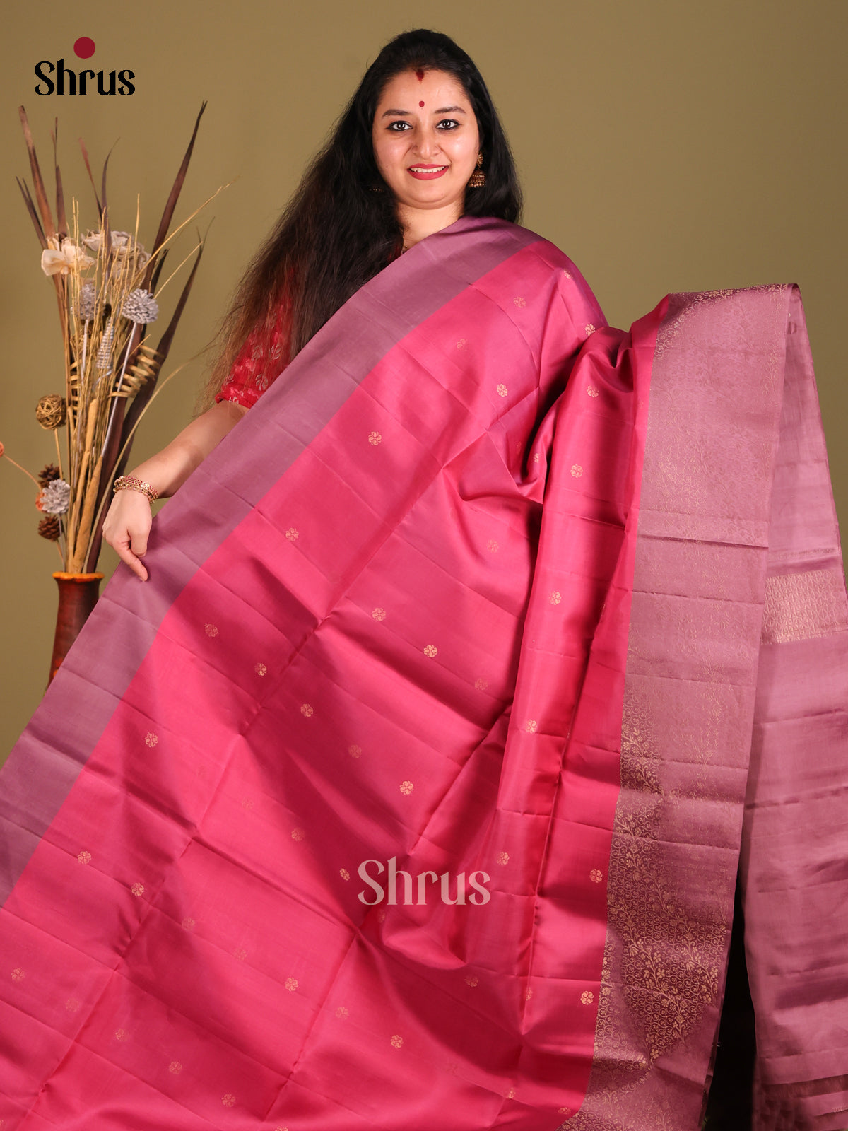 Pink & Dark Lavender Soft Silk Saree gleams with gold zari buttas-2