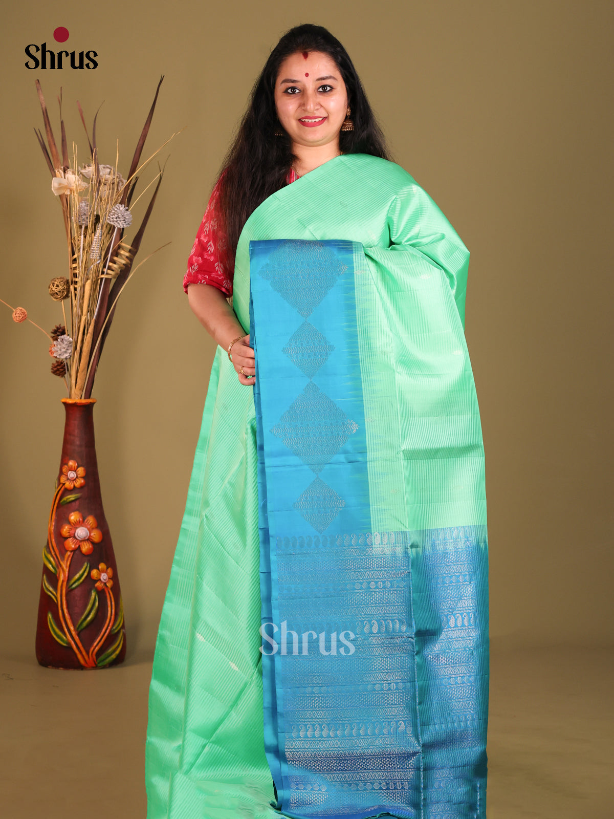 Teal & Blue Soft Silk Saree with gold zari buttas-1