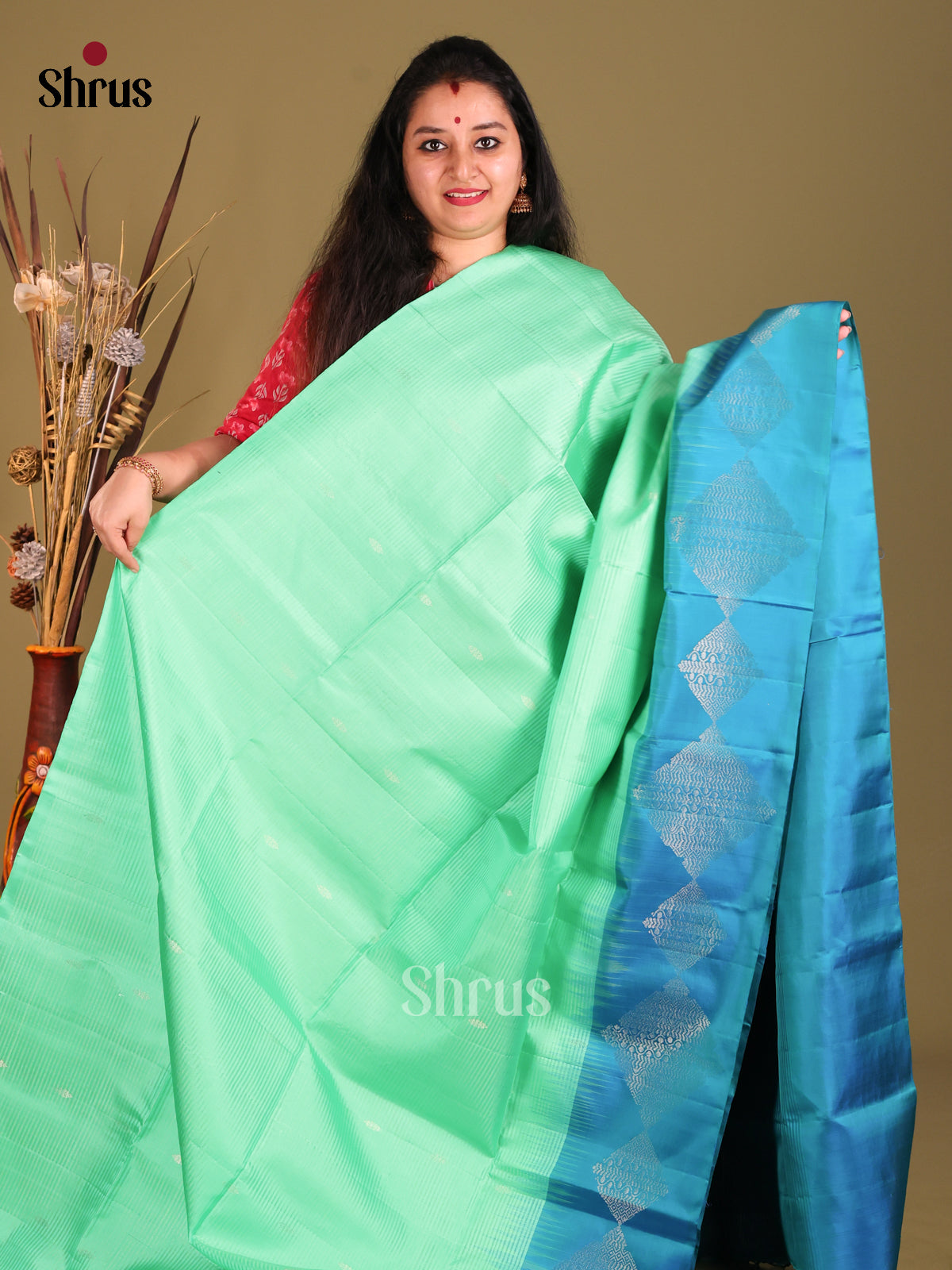 Teal & Blue Soft Silk Saree with gold zari buttas-2