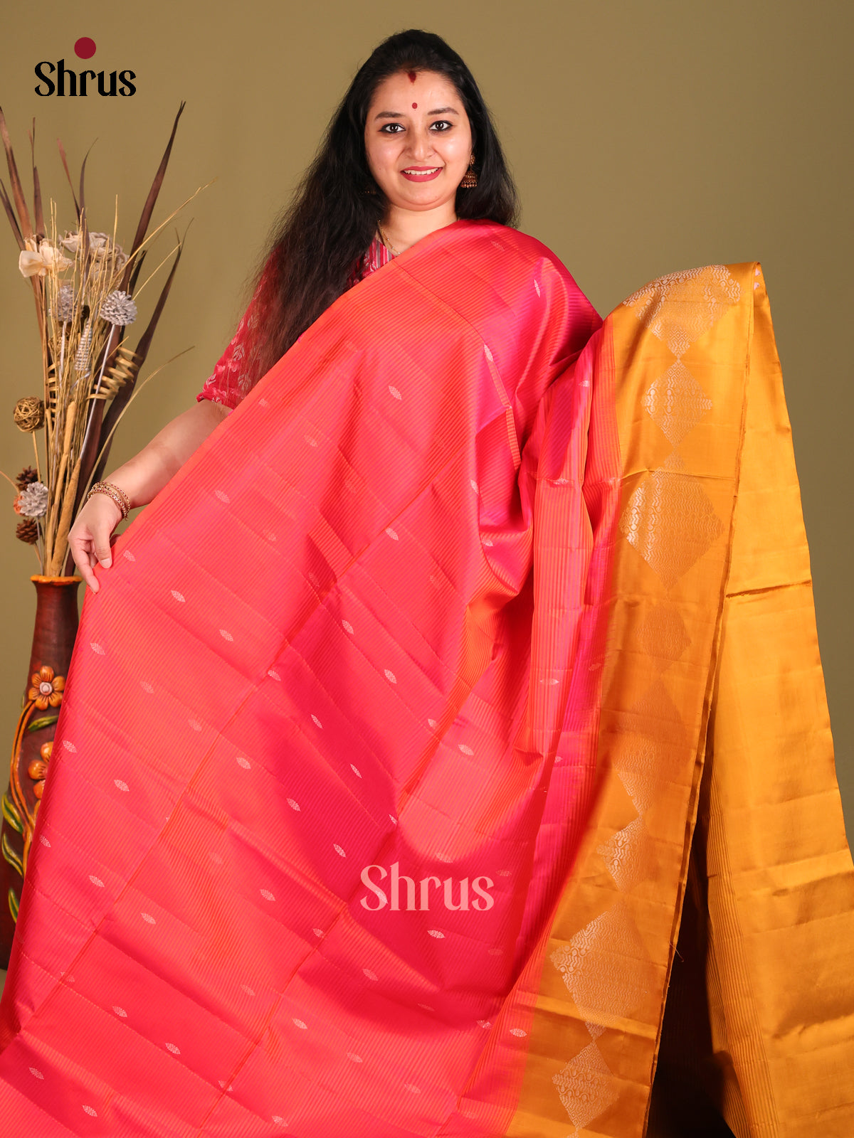 Orangish Pink & Mustard Soft Silk Saree gleams with gold zari buttas-2