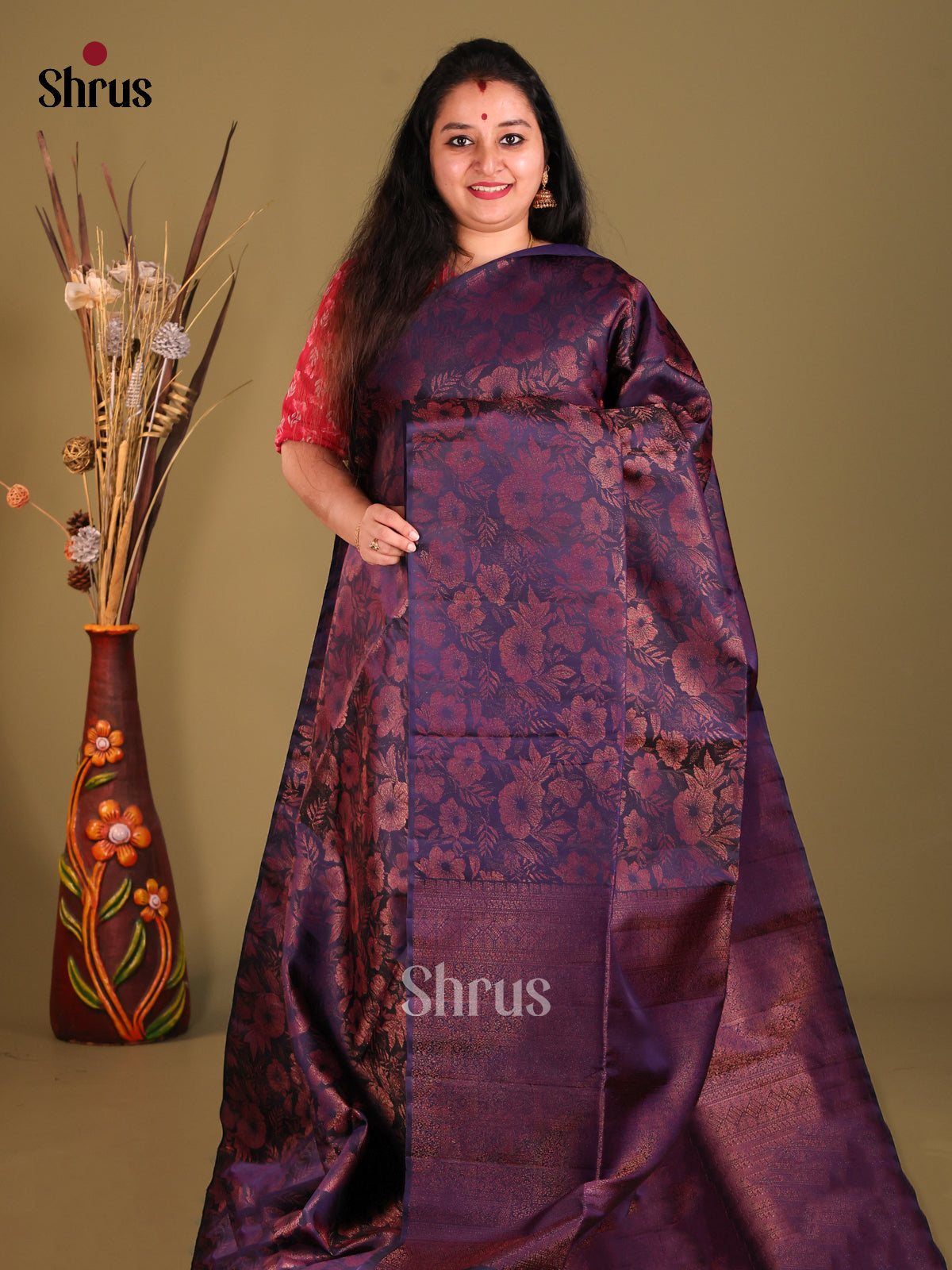 Navy Blue Single Tone Soft Silk Saree with zari floral nestling brocade-1