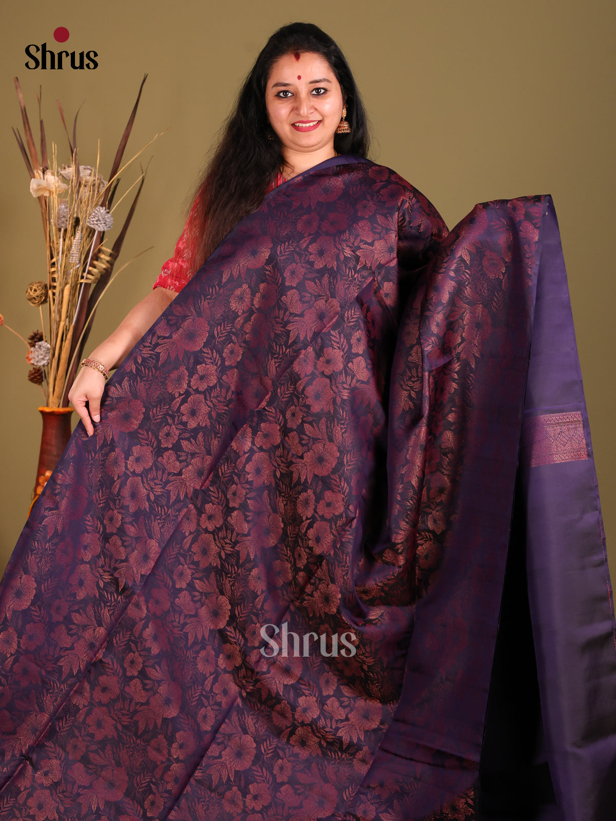 Navy Blue Single Tone Soft Silk Saree with zari floral nestling brocade-2