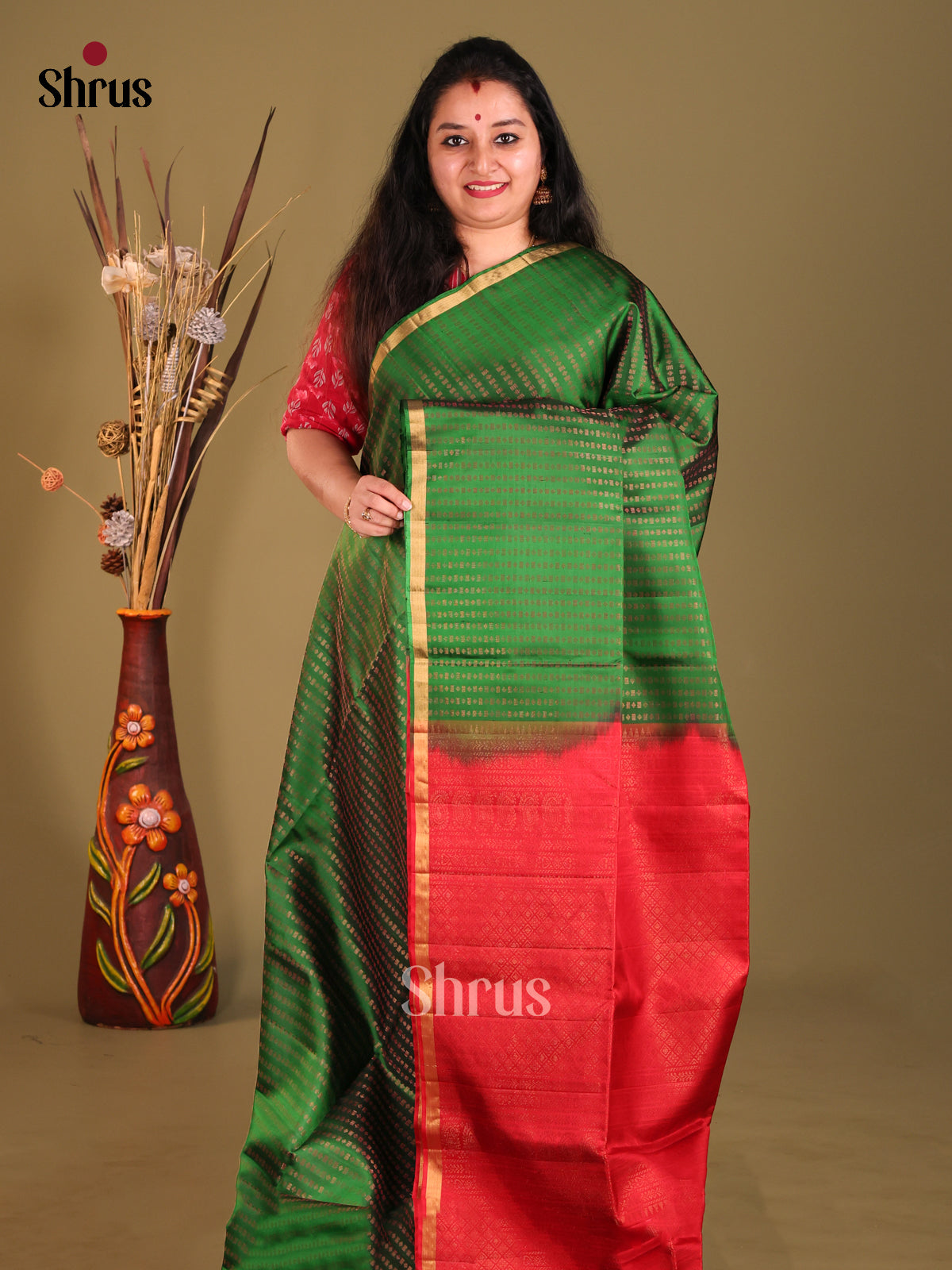 Green & Red Soft Silk Saree with contrast zari brocade pallu-1