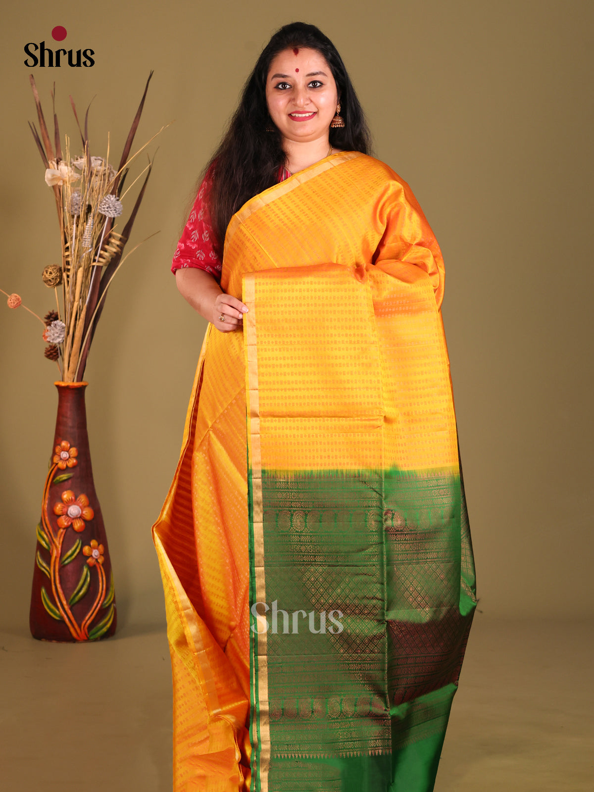 Mambazha Yellow & Green Soft Silk Saree with zari stripes & Brocade pallu-1