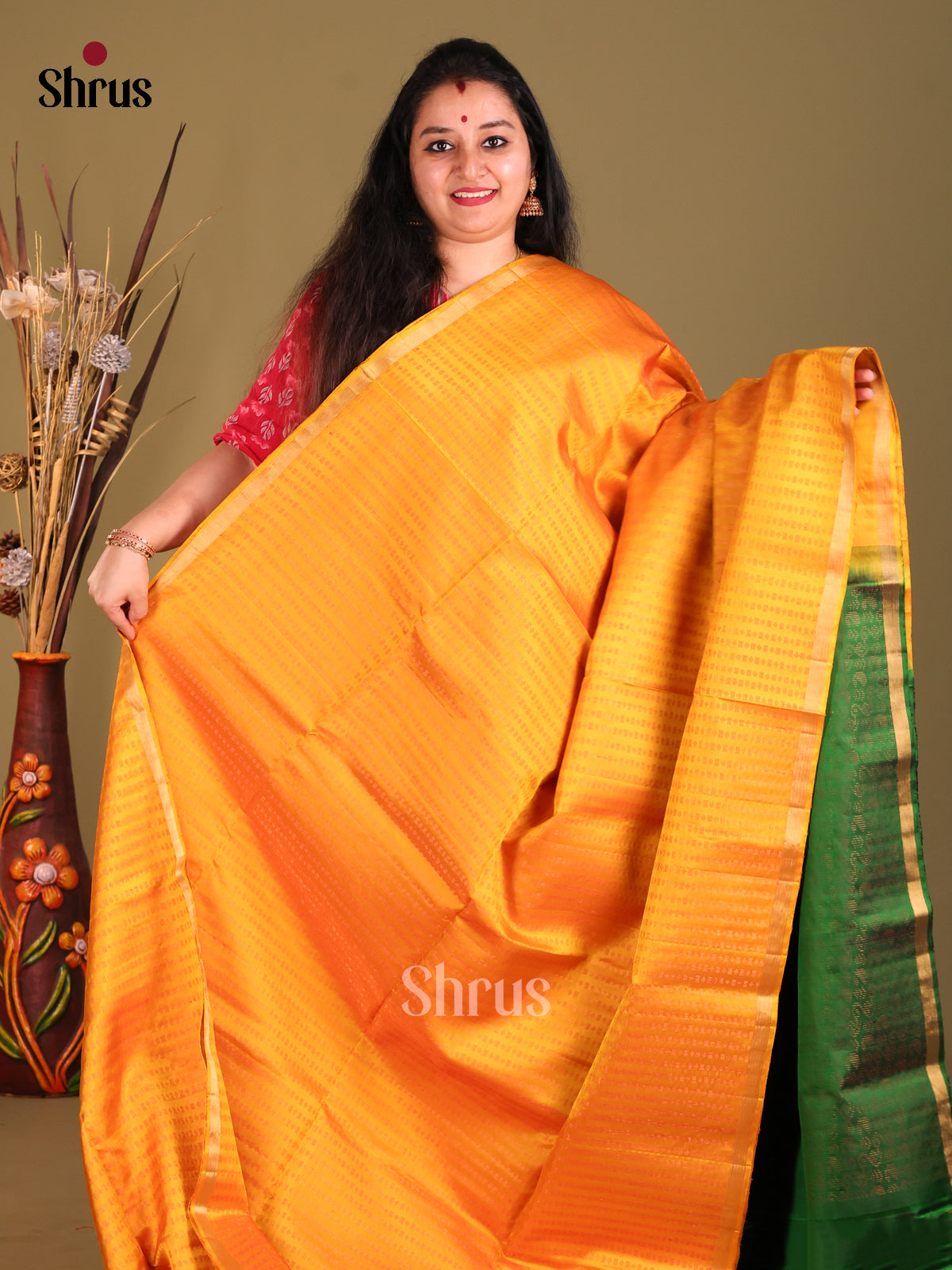 Mambazha Yellow & Green Soft Silk Saree with zari stripes & Brocade pallu-2