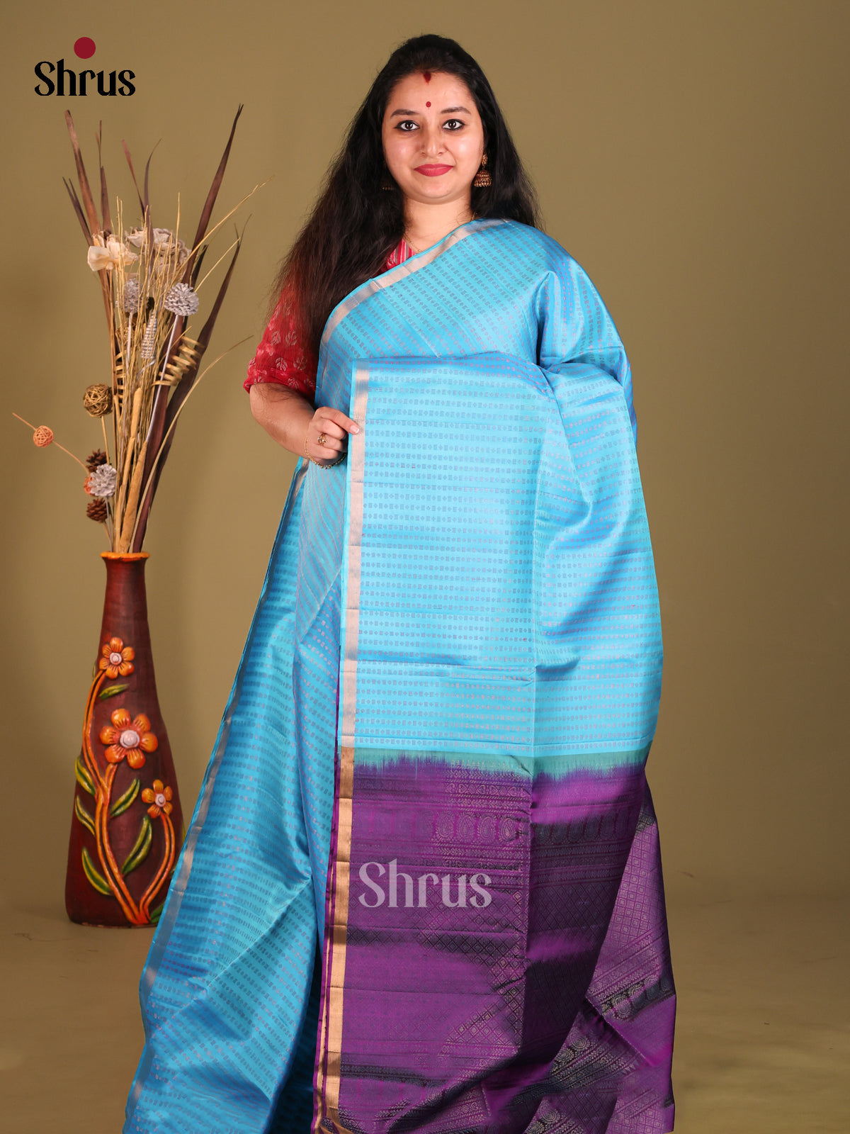 Light Blue & Violet Soft Silk Saree with zari stripes & brocade pallu-1