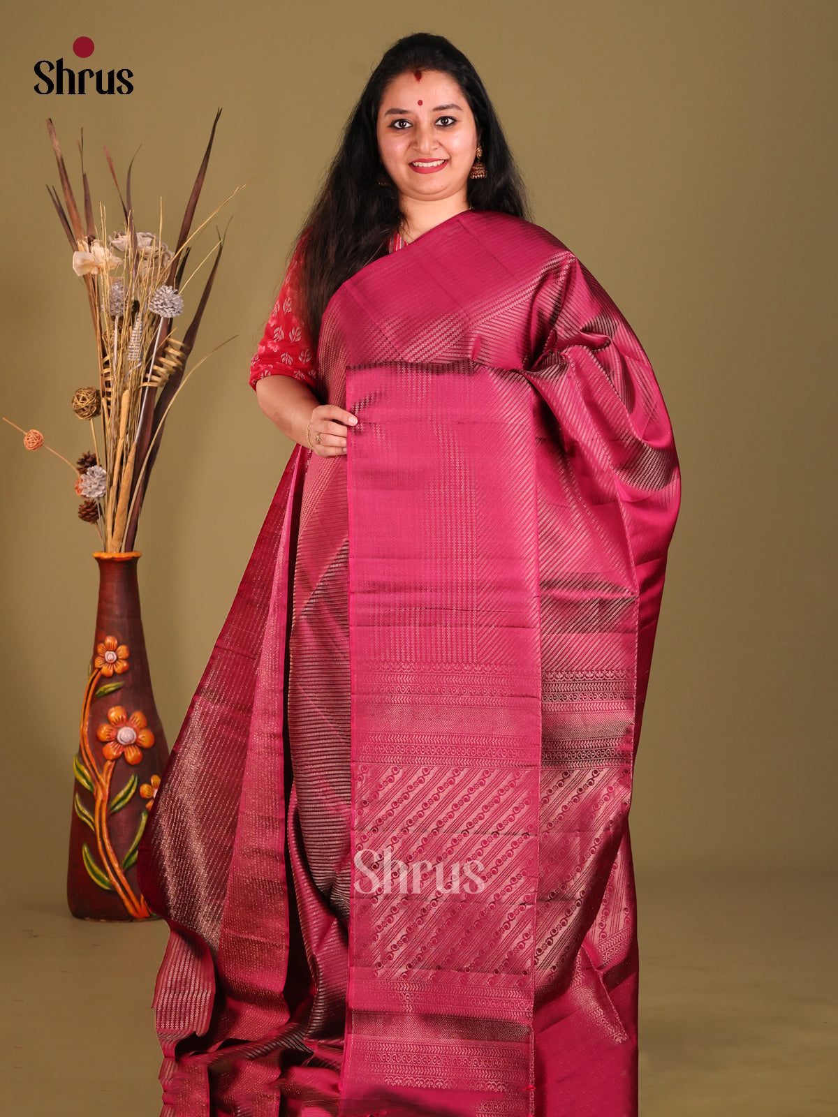 Maroon Single Tone Soft Silk Saree with diagonal zari Stripes-1