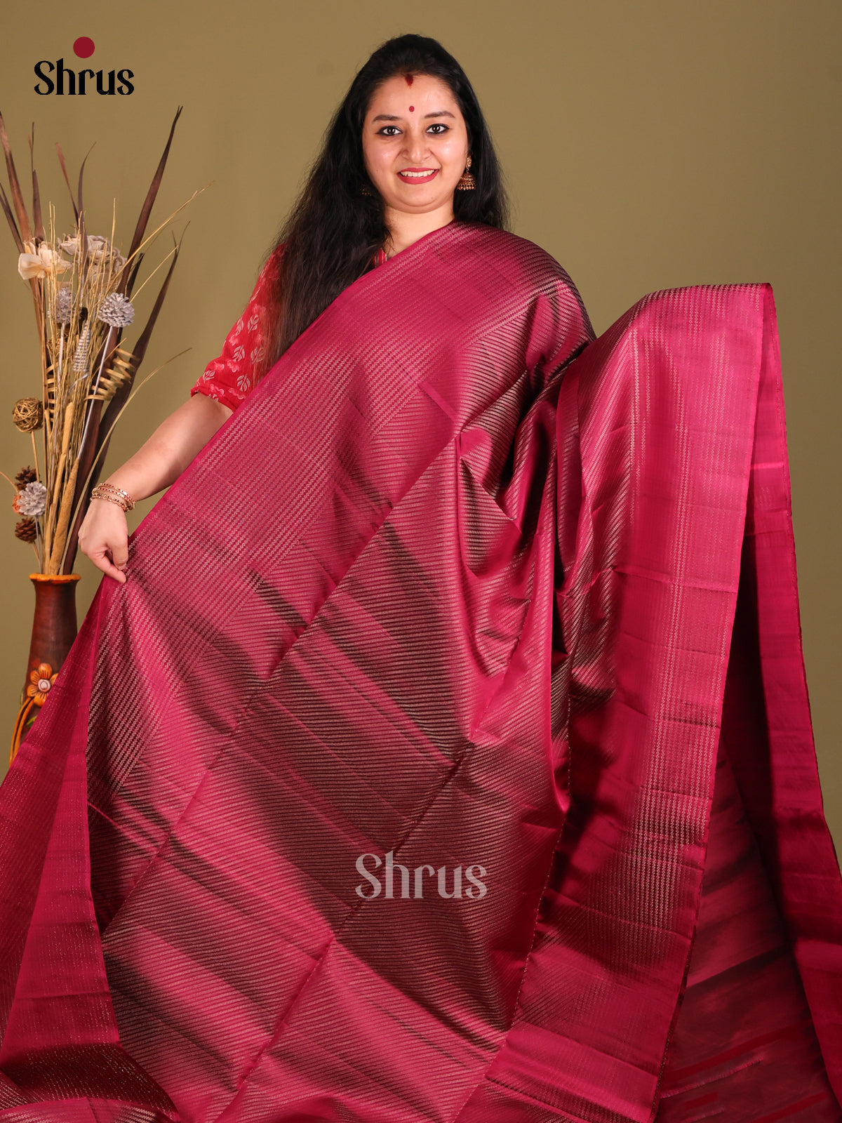 Maroon Single Tone Soft Silk Saree with diagonal zari Stripes-2