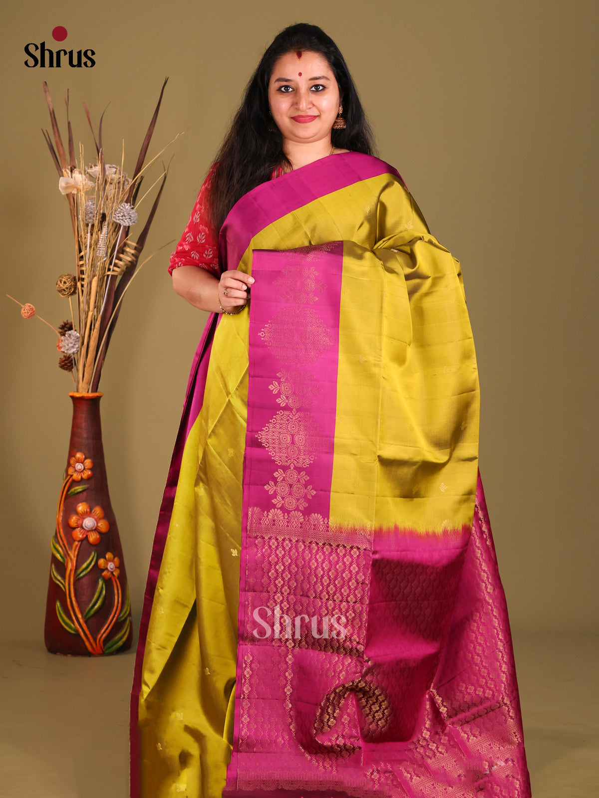 Mustardy Green & Maroon Soft Silk Saree gleams with gold zari buttas-1