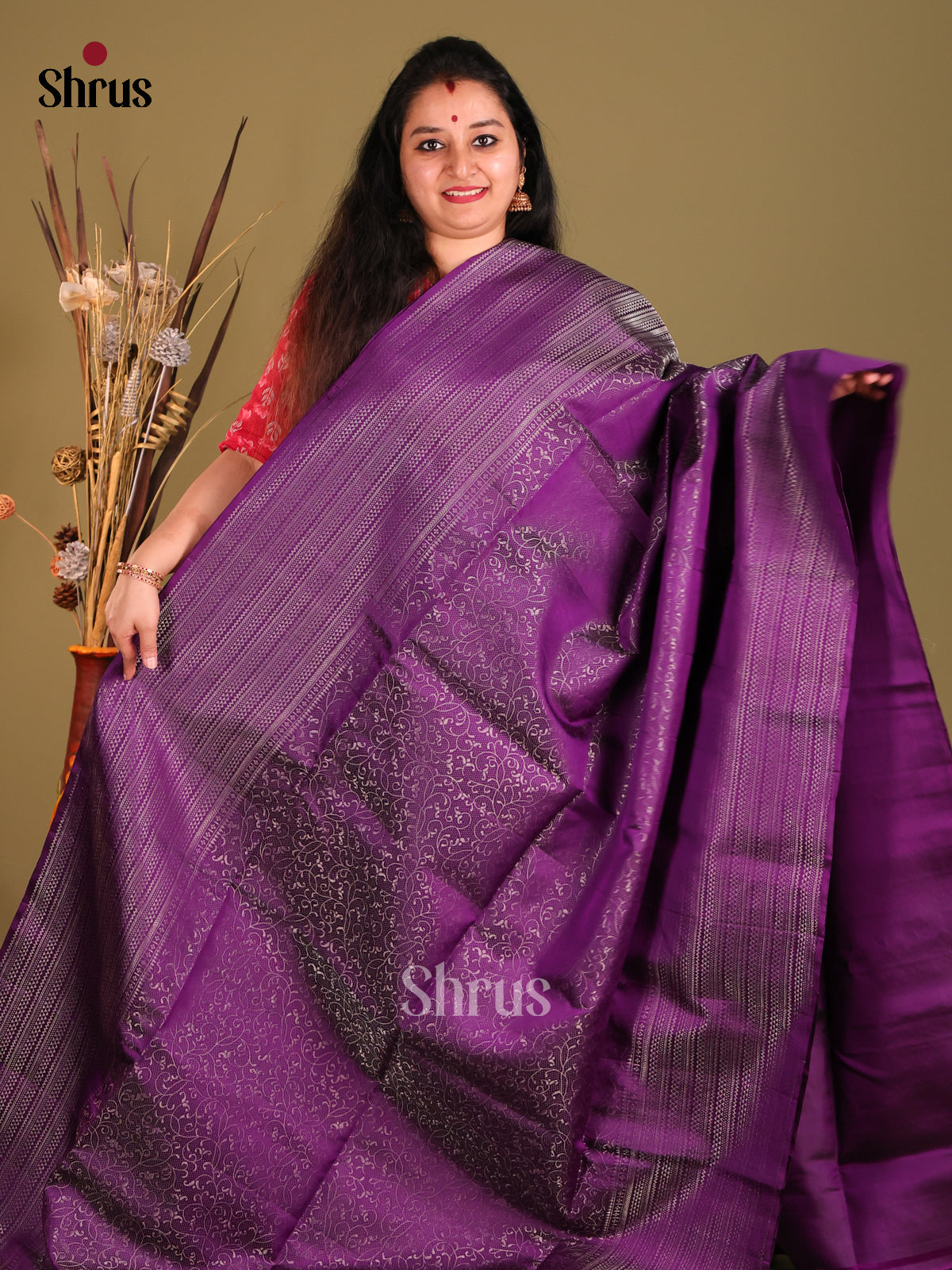 Violet single Tone Soft Silk Saree with zari floral nestling brocade-2