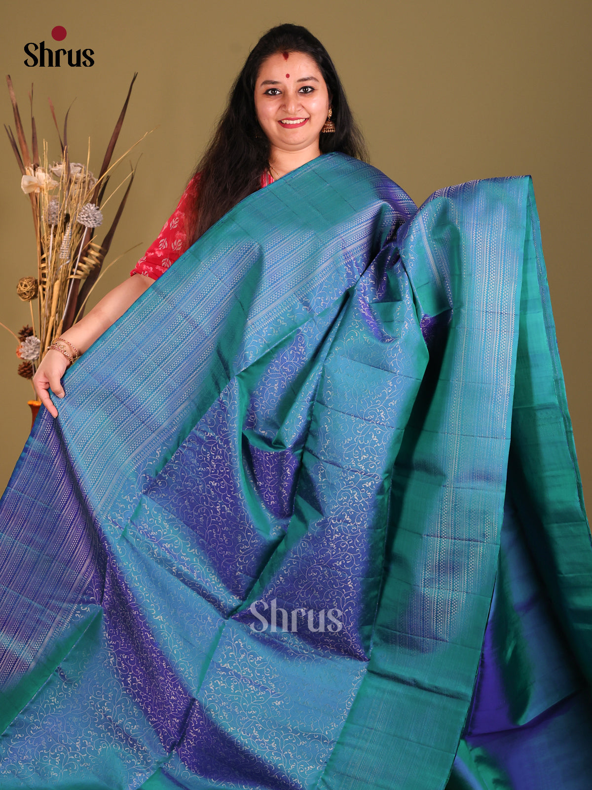 Peacock blue Single tone Soft Silk Saree with zari floral nestling-2