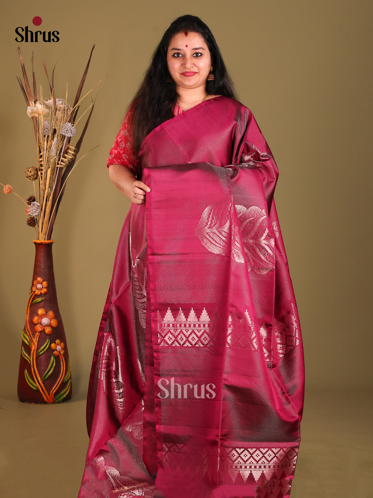 Maroon single Tone Soft Silk Saree with zari leaf motifs-1