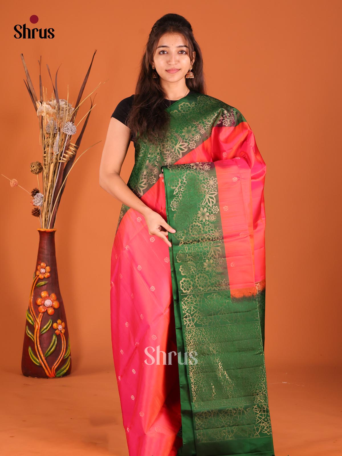 Orangish Pink & Green Soft Silk Saree gleams with gold zari floral buttas-1