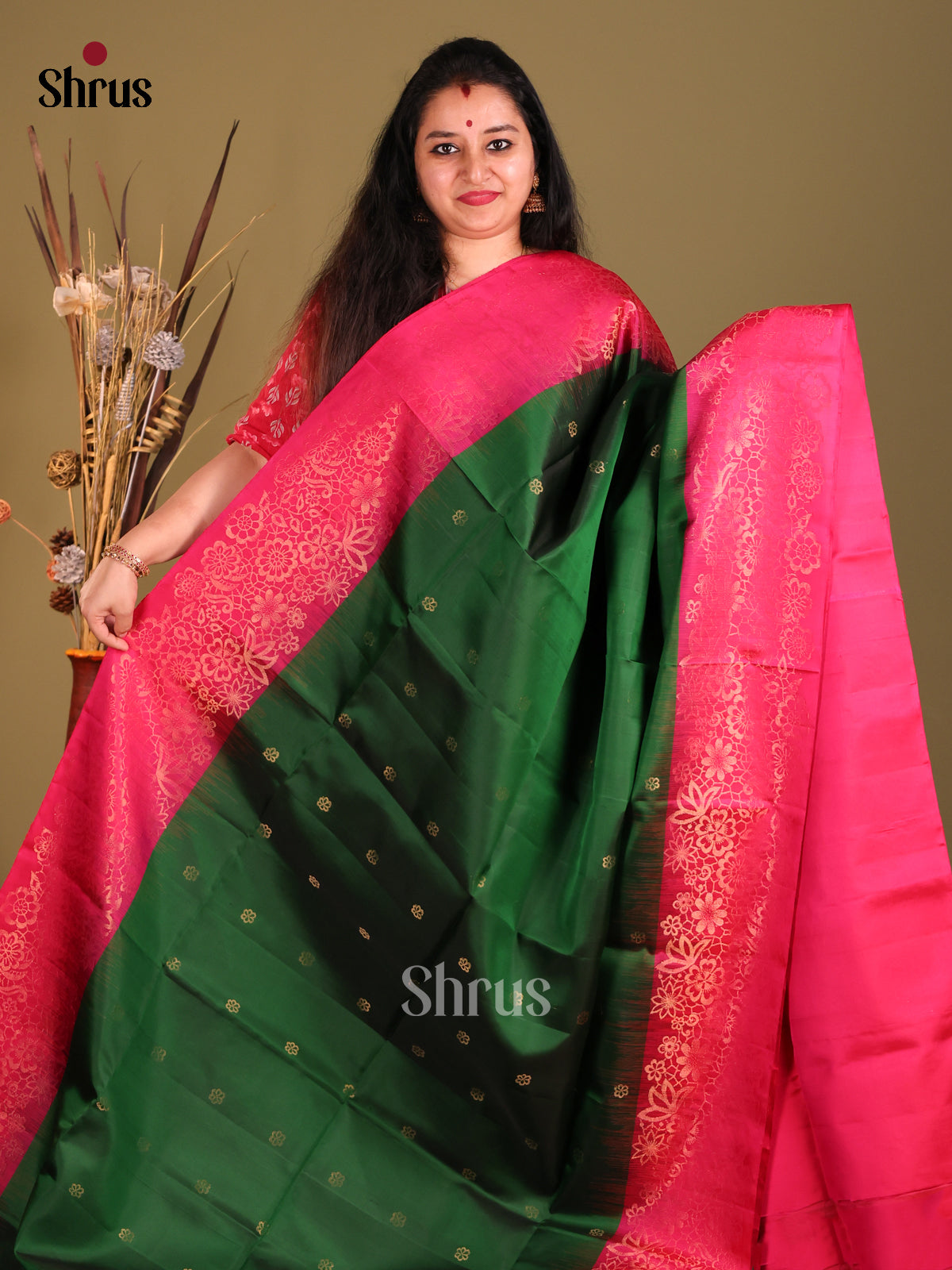 Green & Pink Soft Silk Saree with contrast zari border-2
