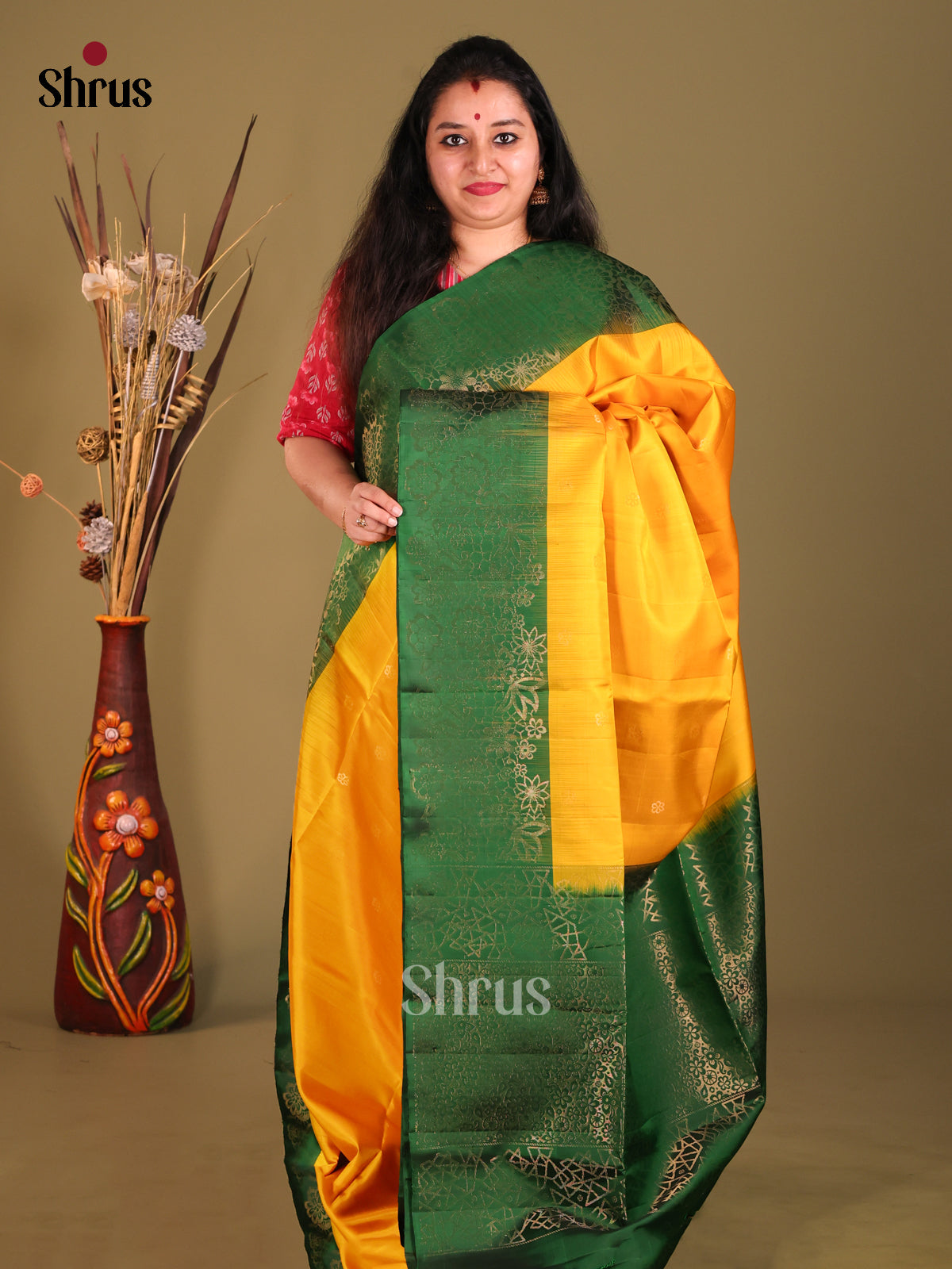 Yellow & Green Soft Silk Saree gleams with gold zari buttas-1