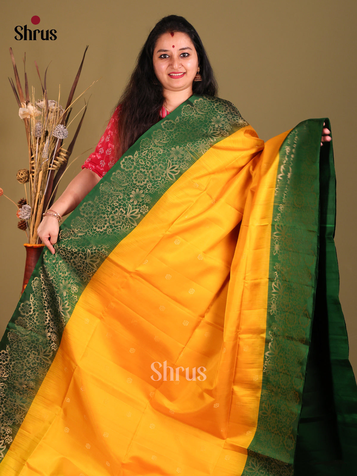 Yellow & Green Soft Silk Saree gleams with gold zari buttas-2