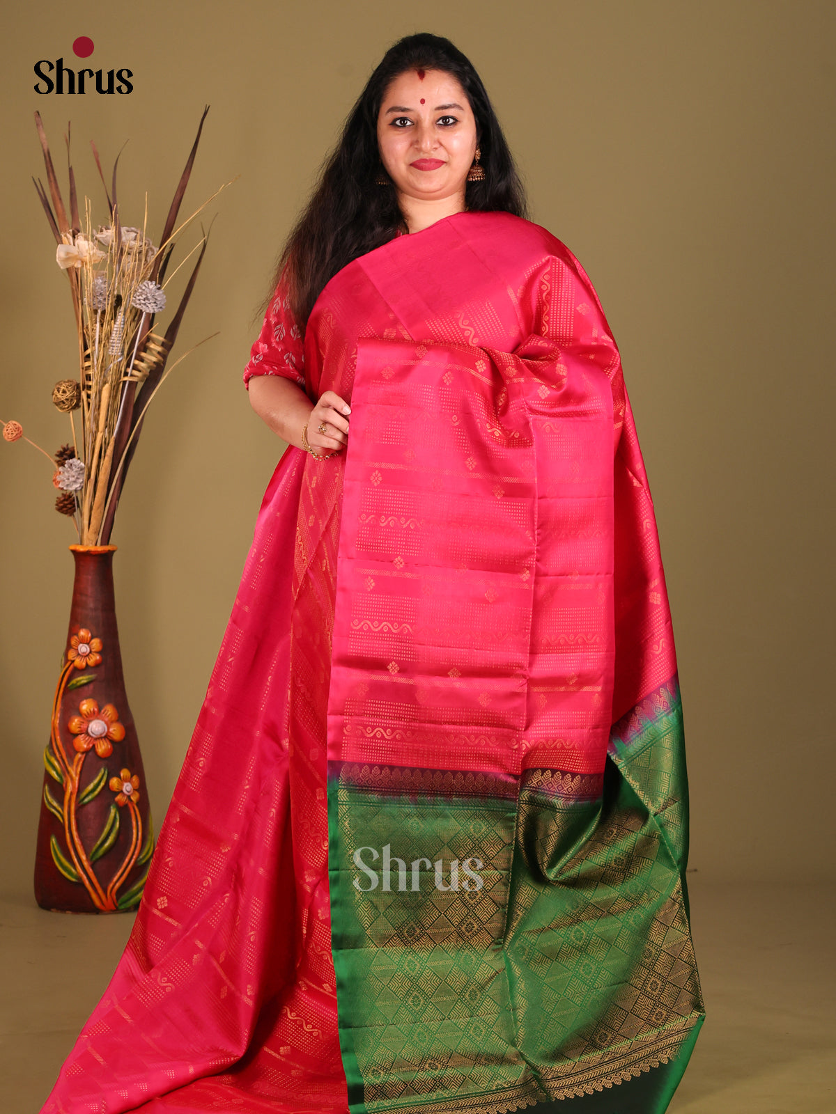 Pink & Green Soft Silk Saree with zari buttas , stripes-1