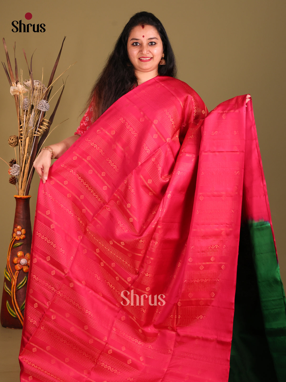 Pink & Green Soft Silk Saree with zari buttas , stripes-2