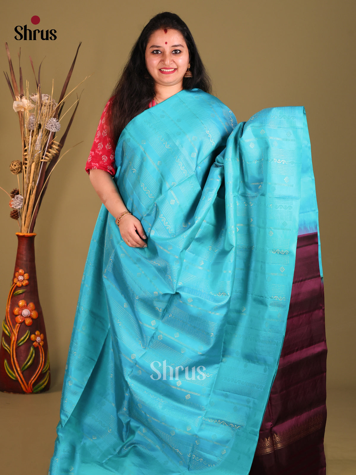 Blue & jamun borderless Soft Silk Saree with zari buttas & Stripes-2