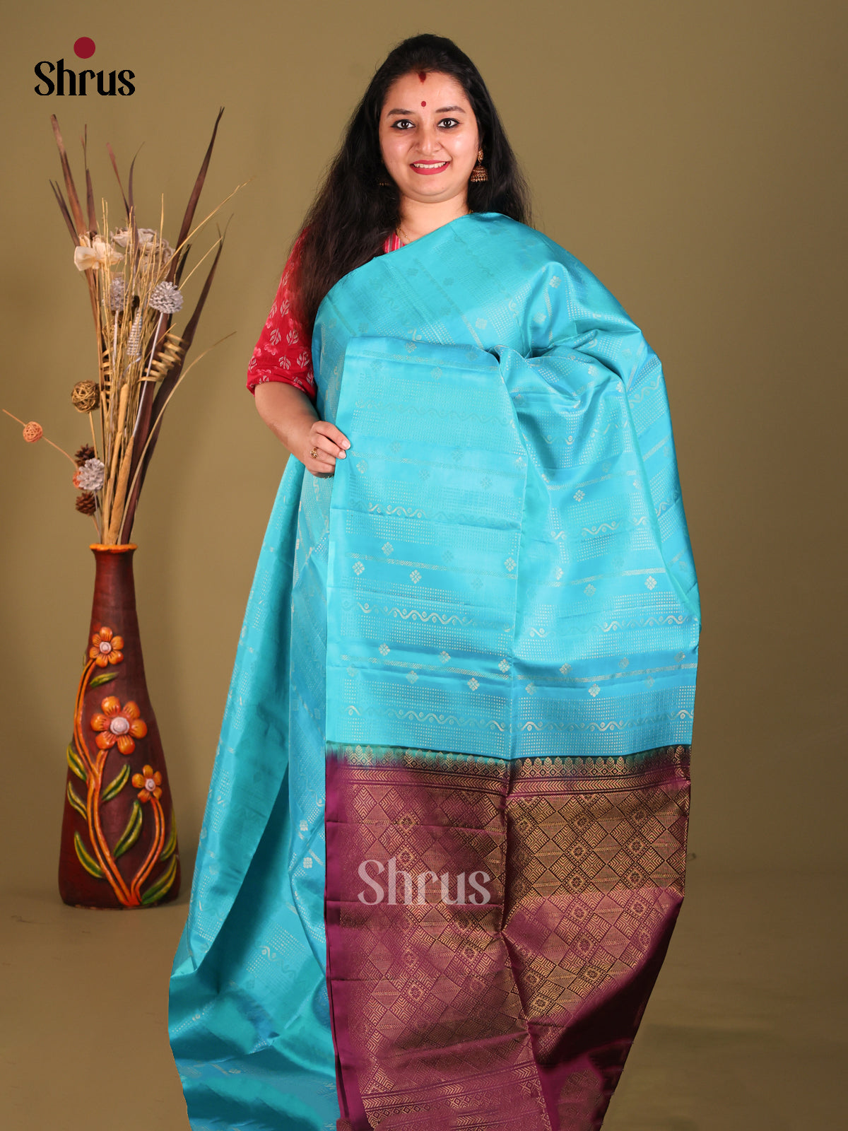 Blue & jamun borderless Soft Silk Saree with zari buttas & Stripes-1