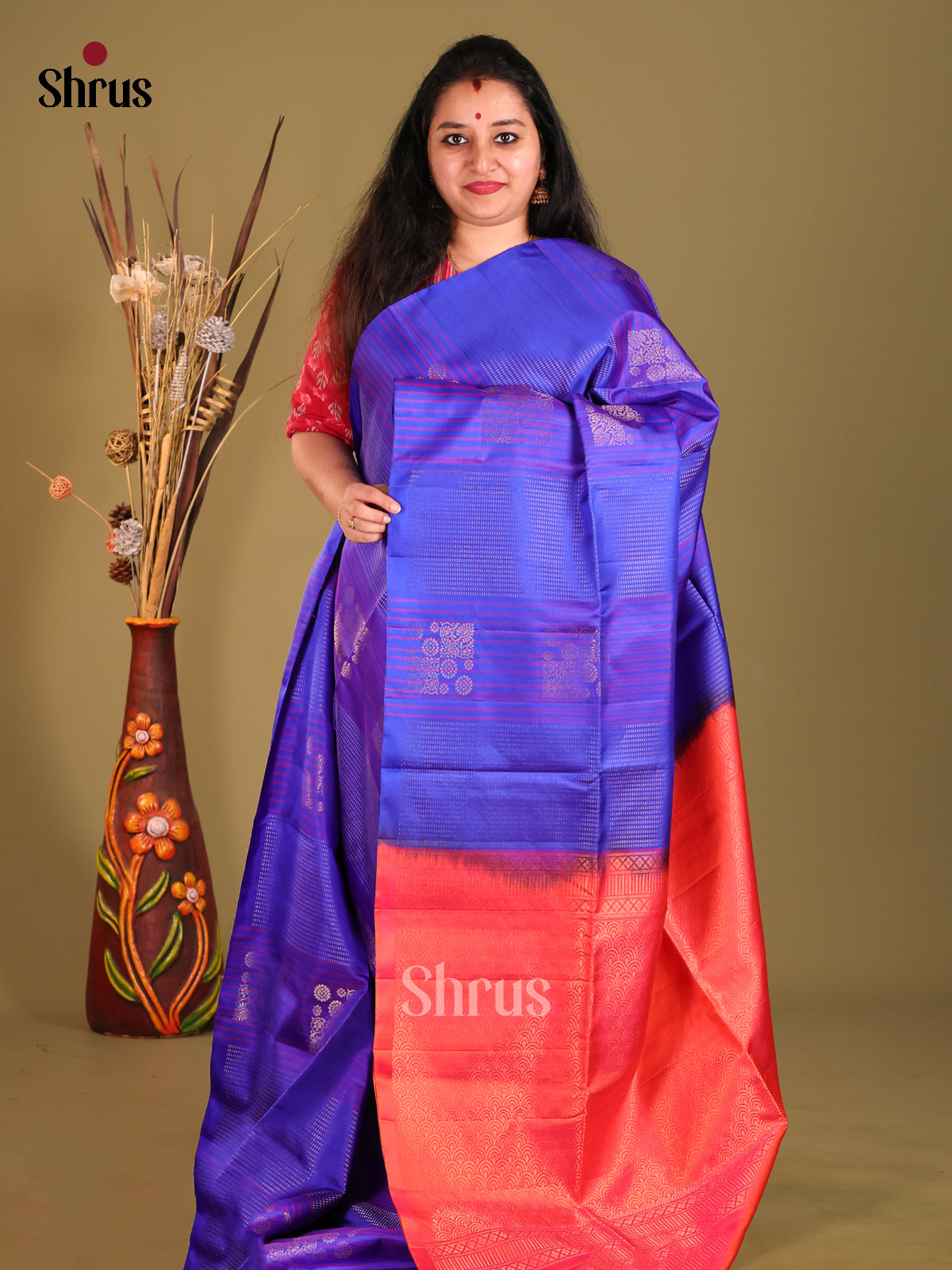 Blue & Orangish Pink Soft Silk Saree with zari block motifs & Stripes-1