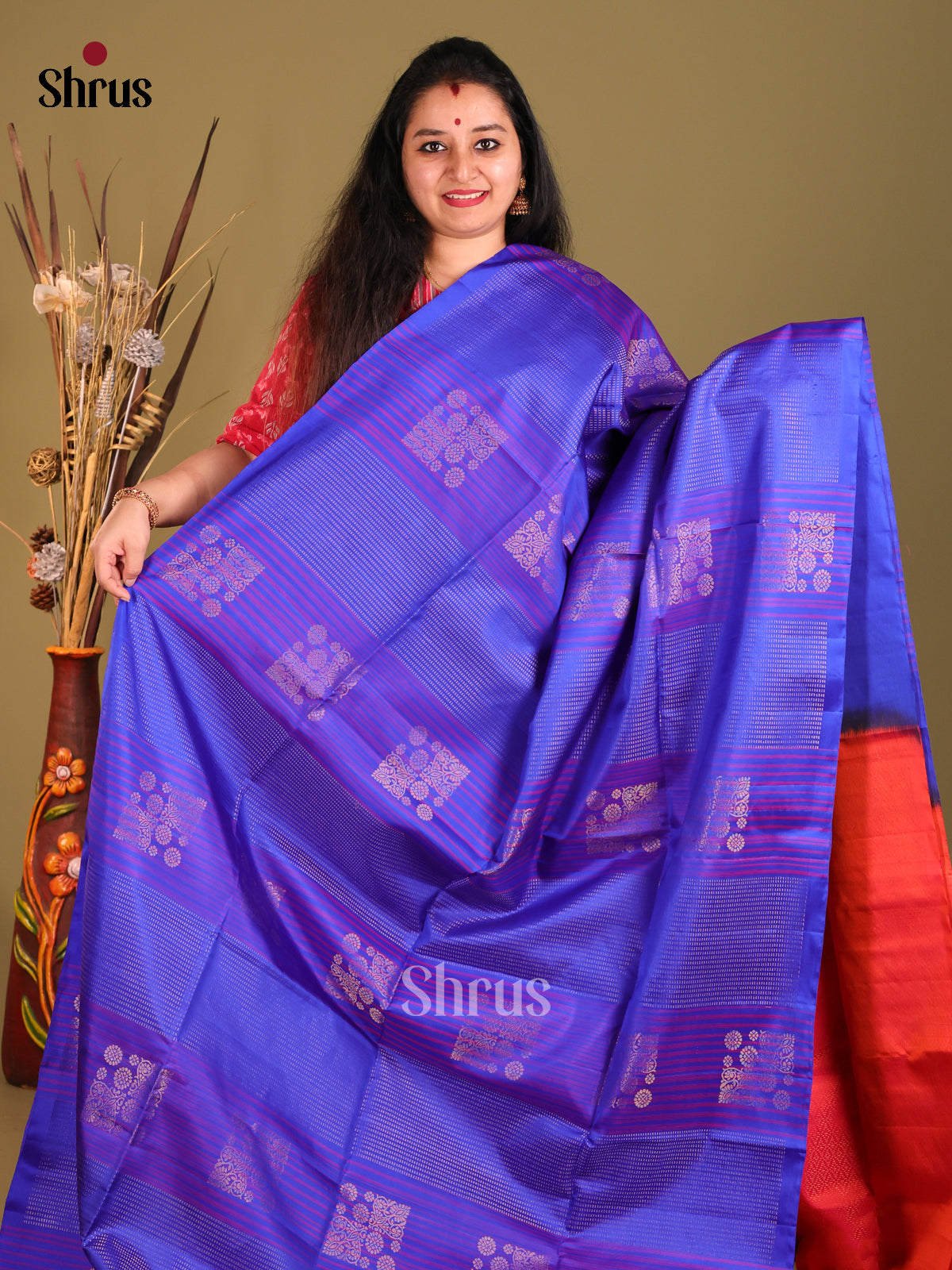 Blue & Orangish Pink Soft Silk Saree with zari block motifs & Stripes-2