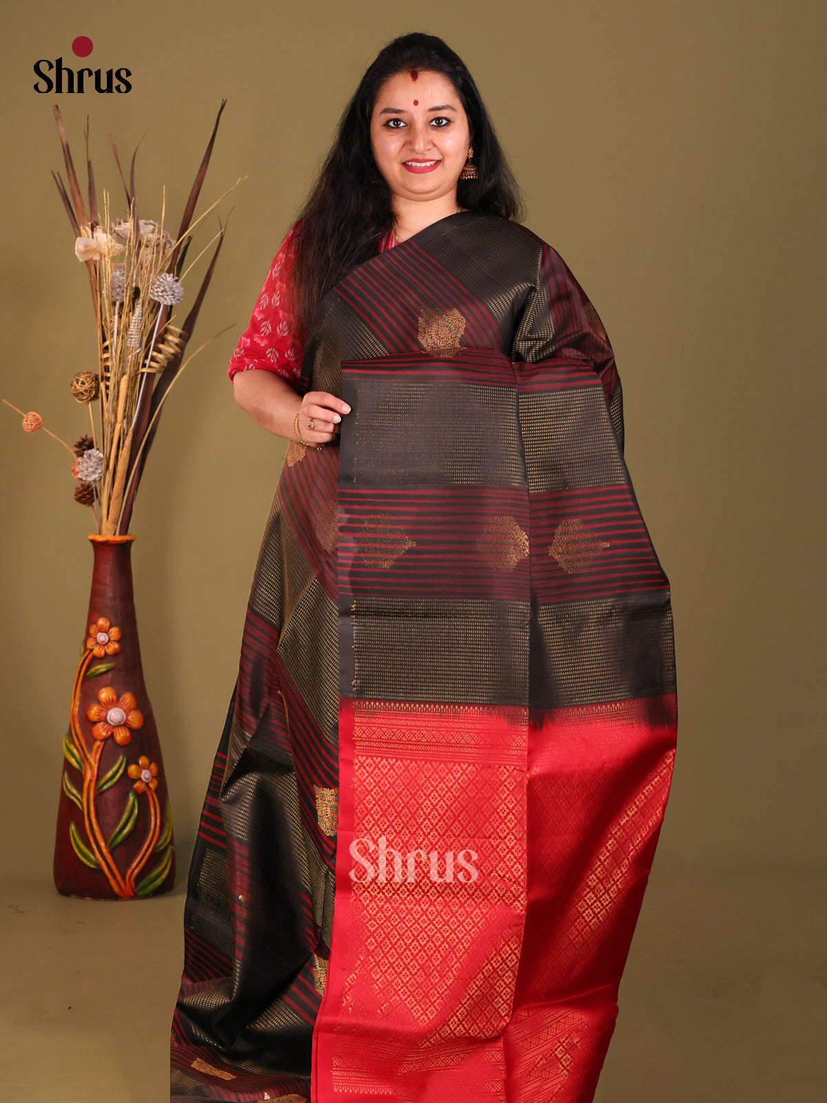 Black & Red Soft Silk Saree with zari floral motifs , Stripes-1