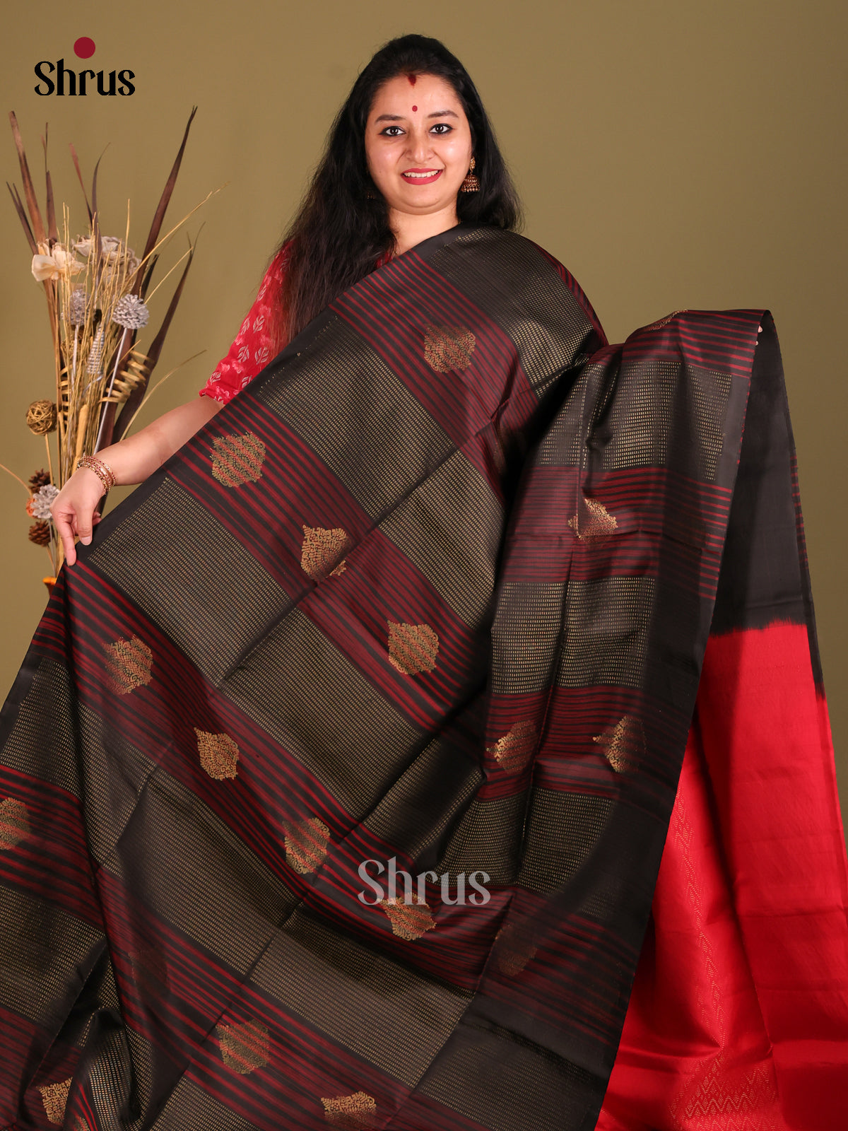 Black & Red Soft Silk Saree with zari floral motifs , Stripes-2
