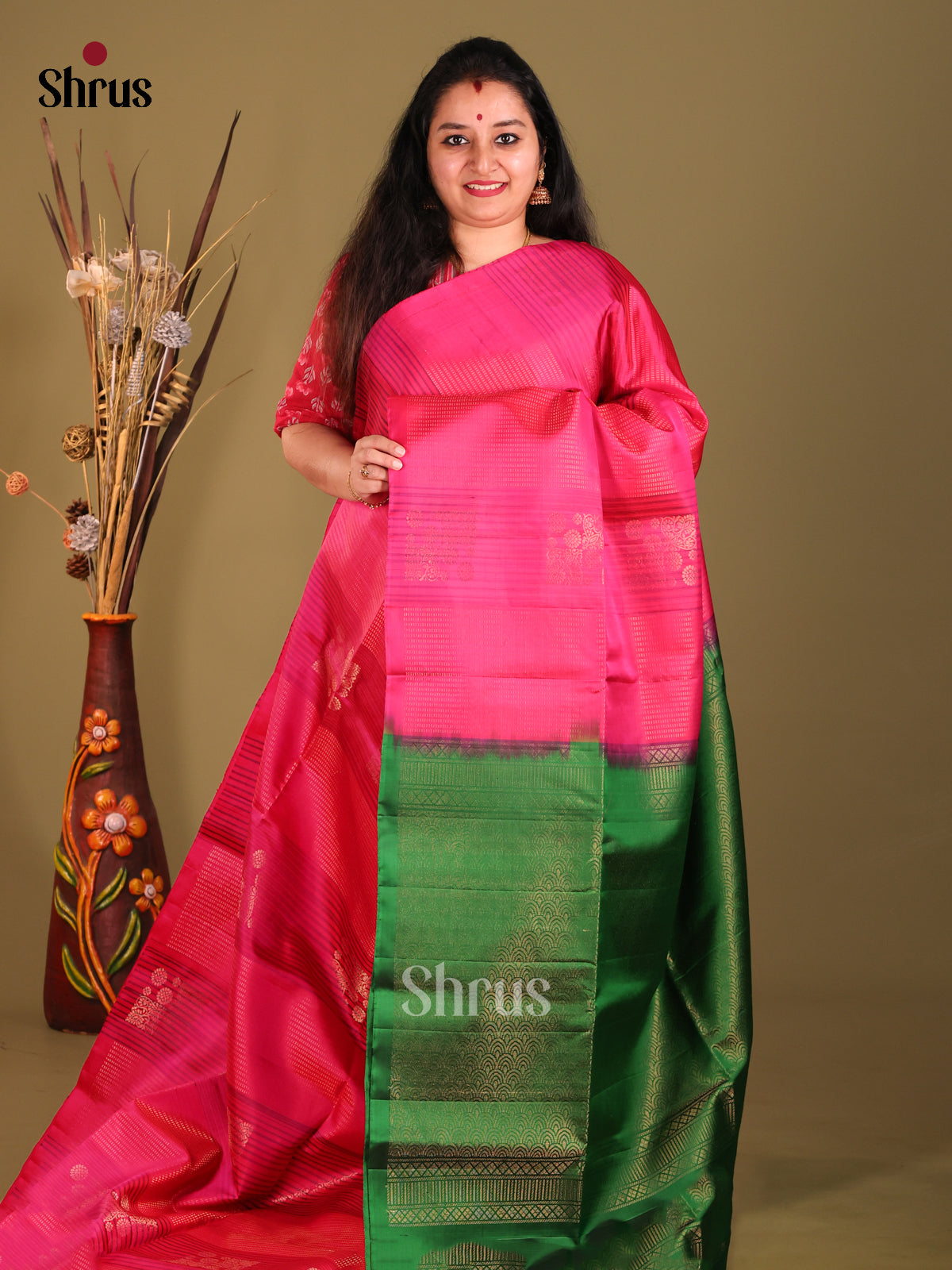 Pink & Green Soft Silk Saree gleams with zari motifs & Stripes-1