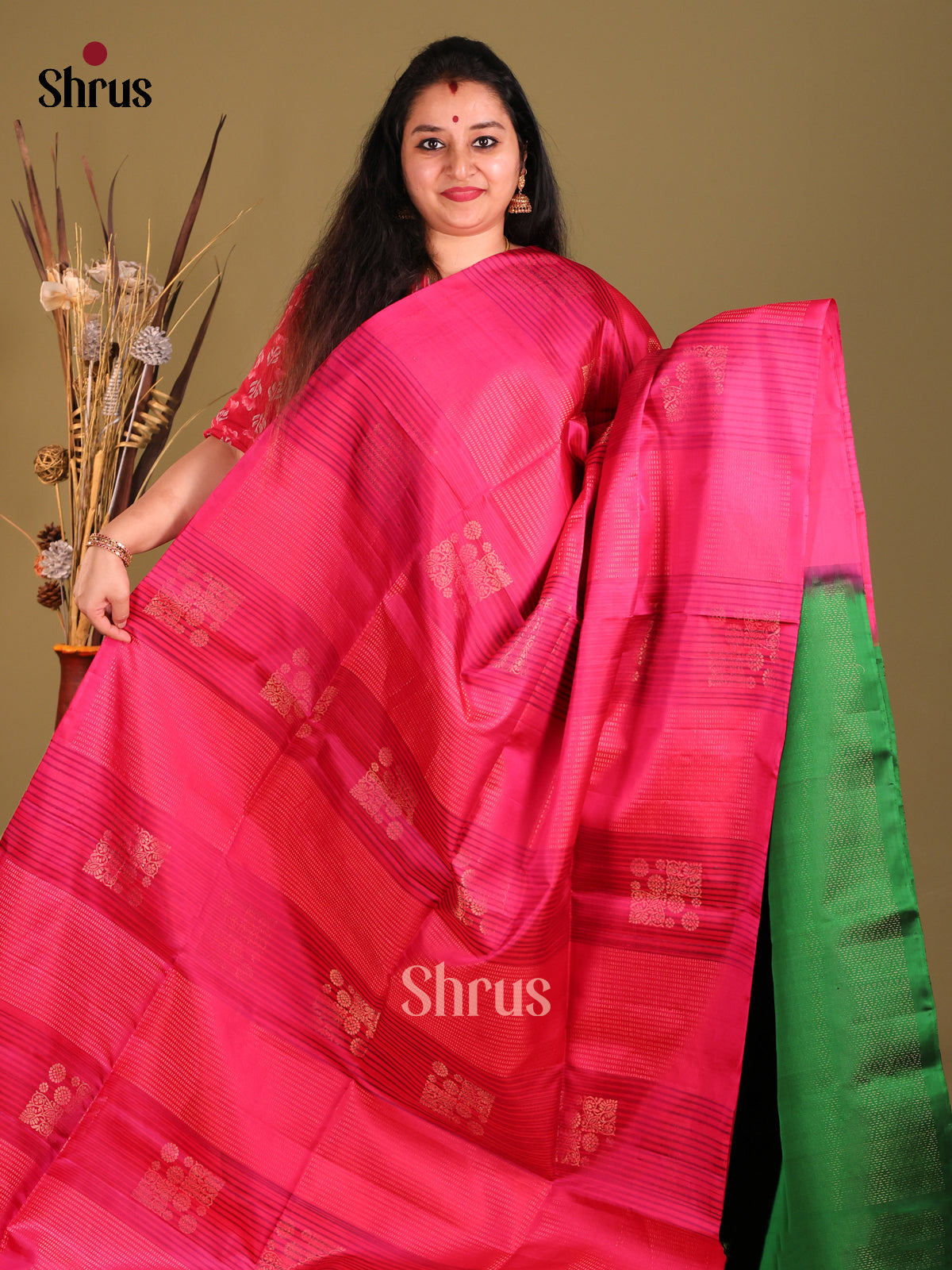 Pink & Green Soft Silk Saree gleams with zari motifs & Stripes-2