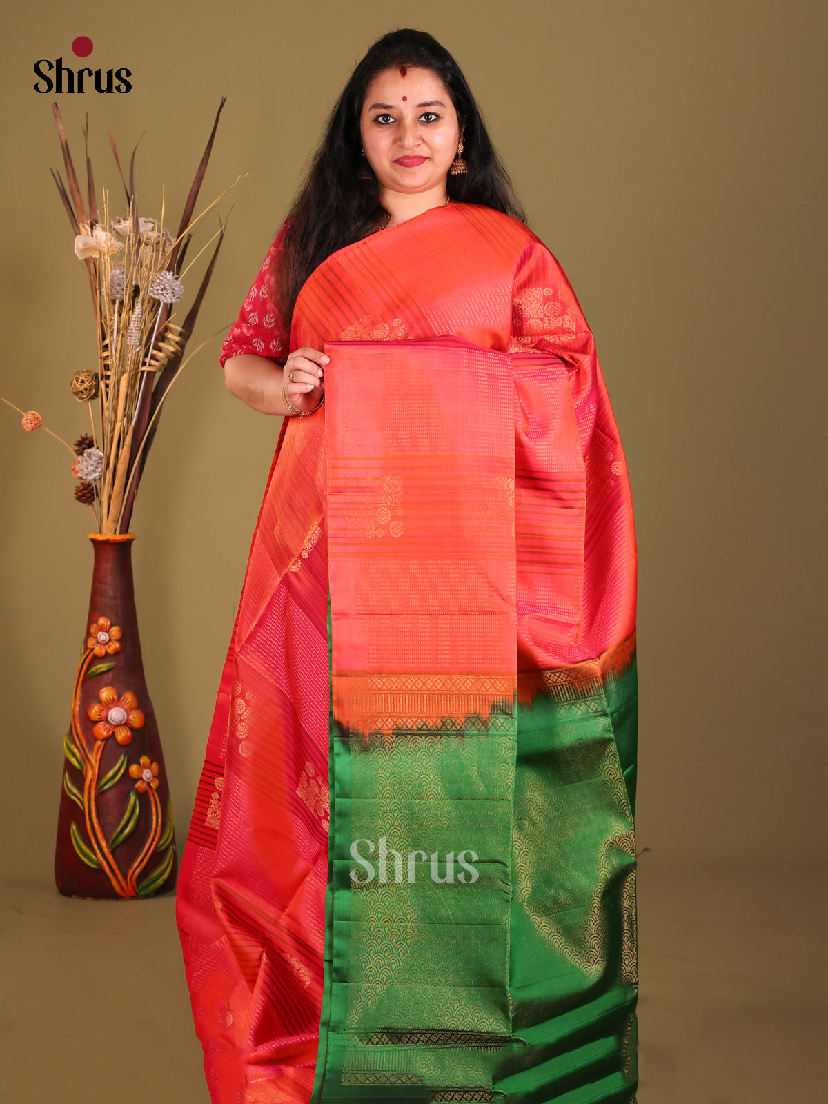 Orange & Green Soft Silk Saree gleams with zari motifs ,stripes-1