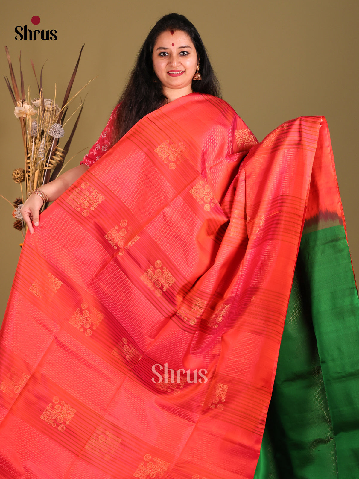 Orange & Green Soft Silk Saree gleams with zari motifs ,stripes-2