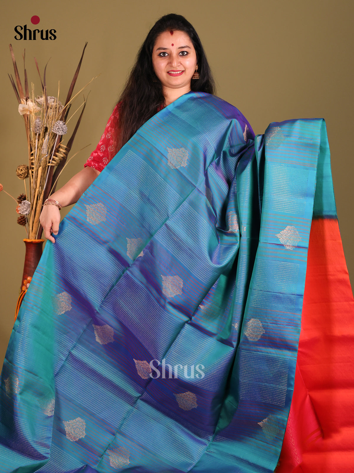 Blue & Orangish Pink Soft Silk Saree with zari stripes, floral motifs
