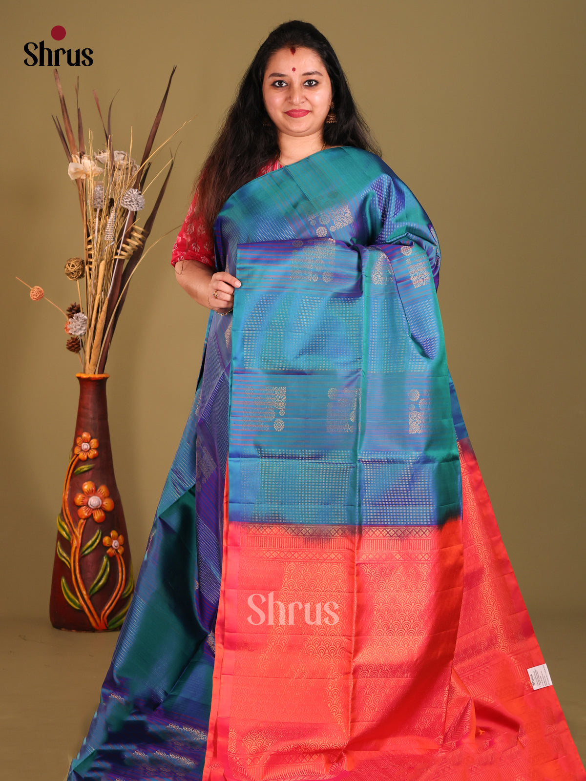 Blue & Orangish Pink borderless Soft Silk Saree with zari stripes, block motifs