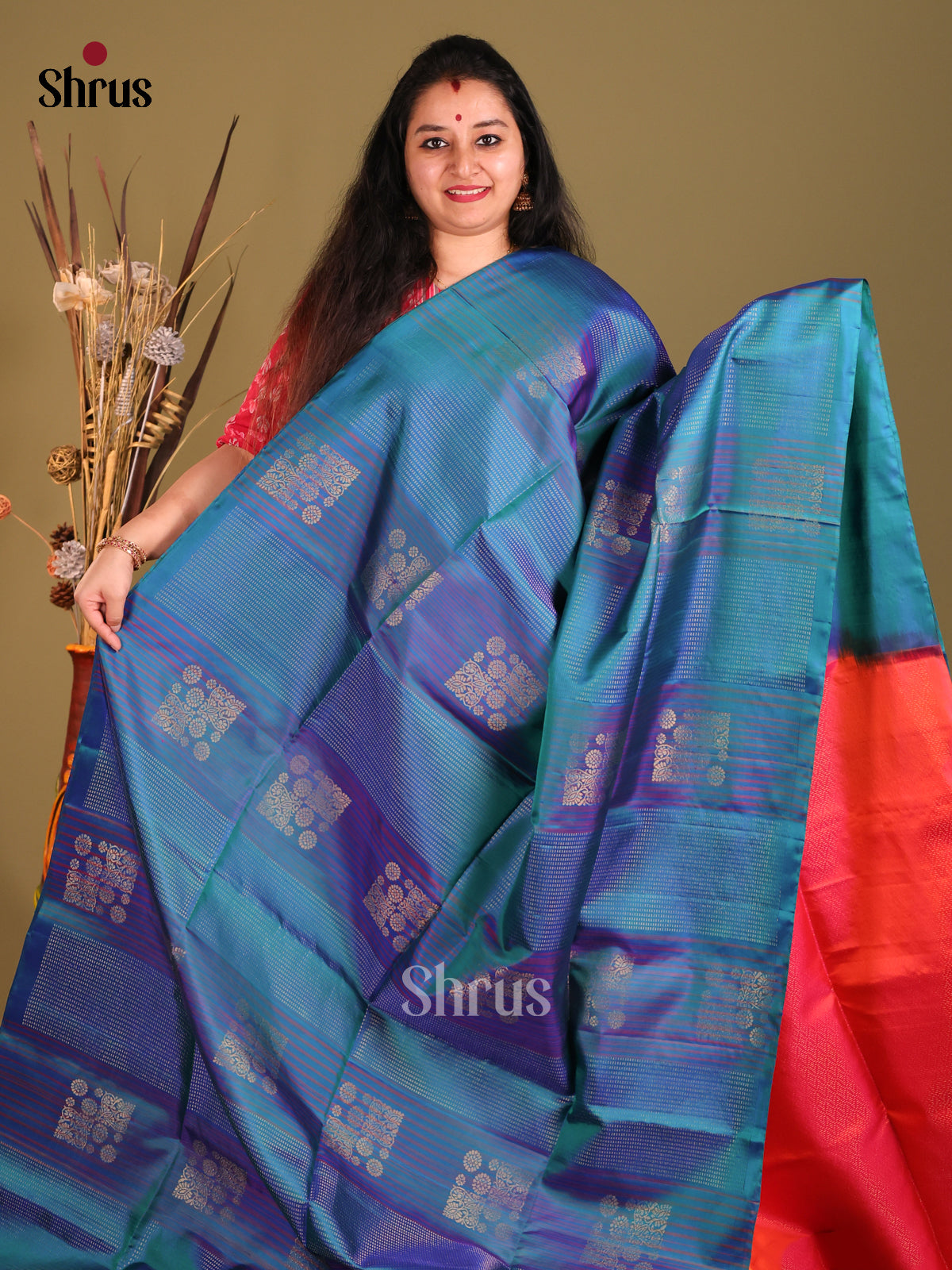 Blue & Orangish Pink borderless Soft Silk Saree with zari stripes, block motifs