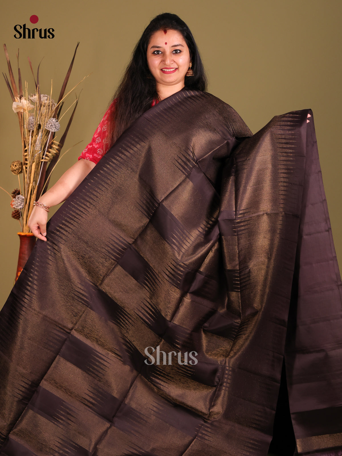 Brown single tone Soft Silk Saree with zari pallu-2