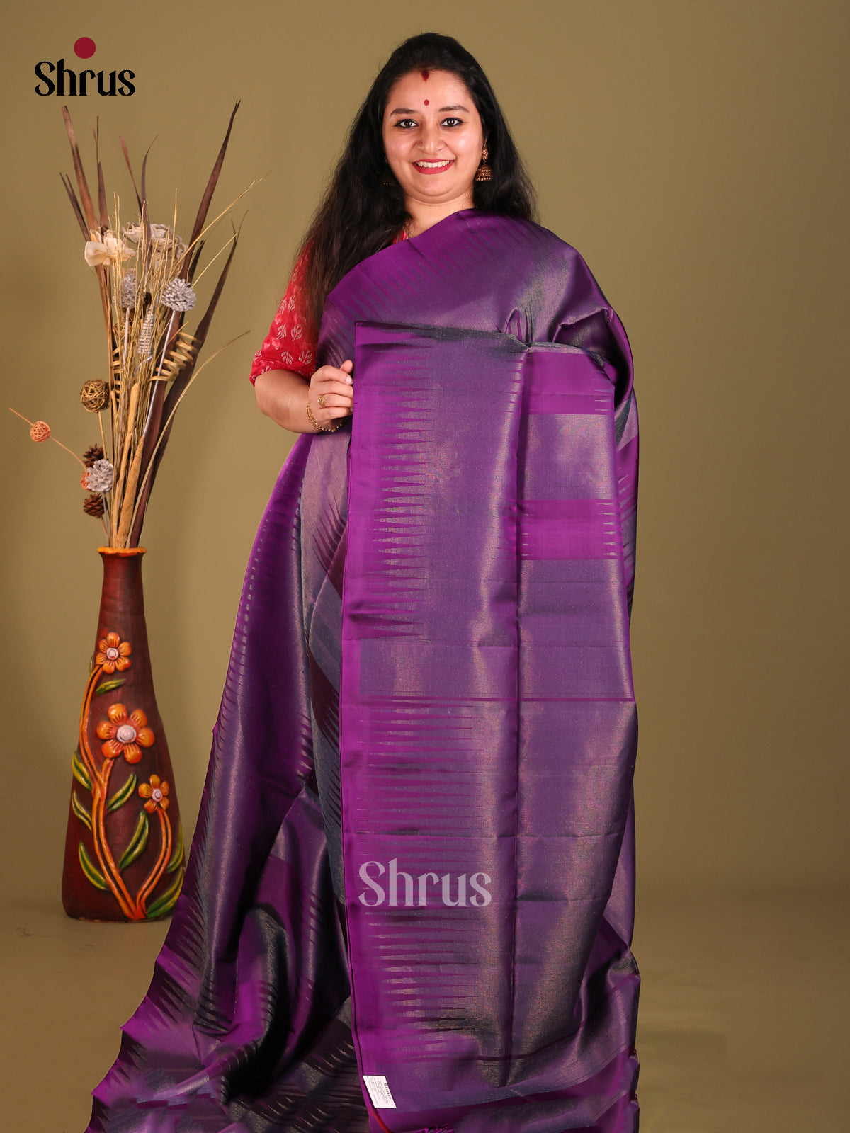 Violet single tone Soft Silk Saree with zari woven body-1
