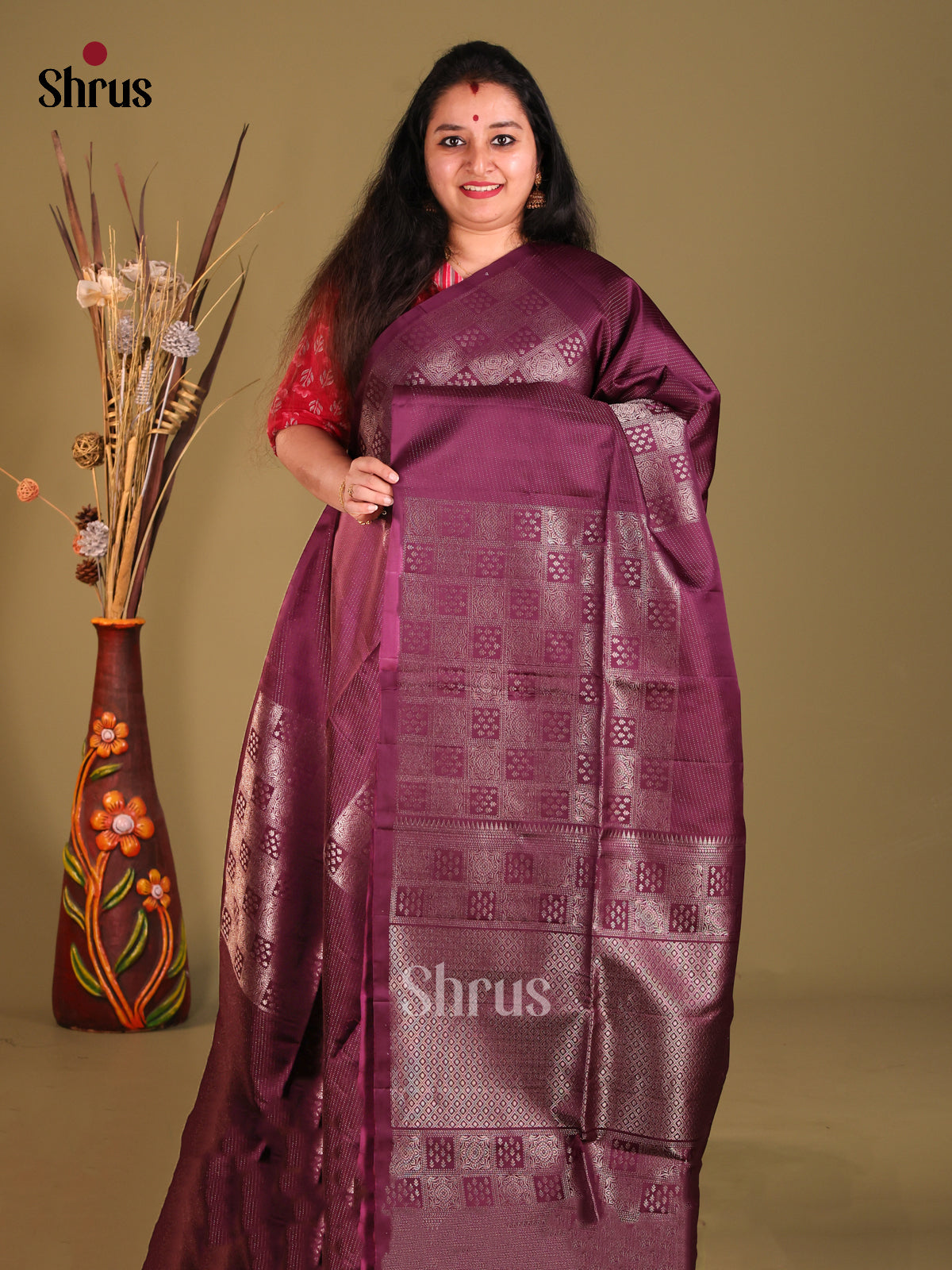 Wine Single Tone Soft Silk Saree gleams with zari floral buttas-1