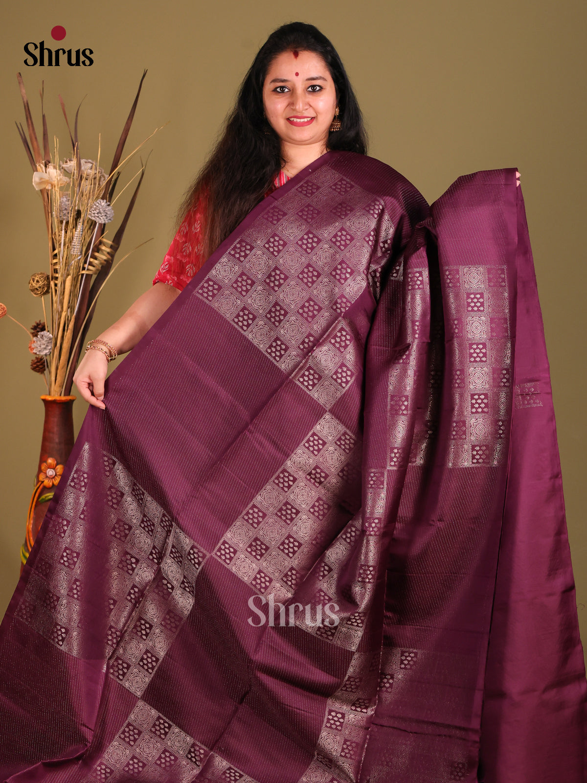 Wine Single Tone Soft Silk Saree gleams with zari floral buttas-2
