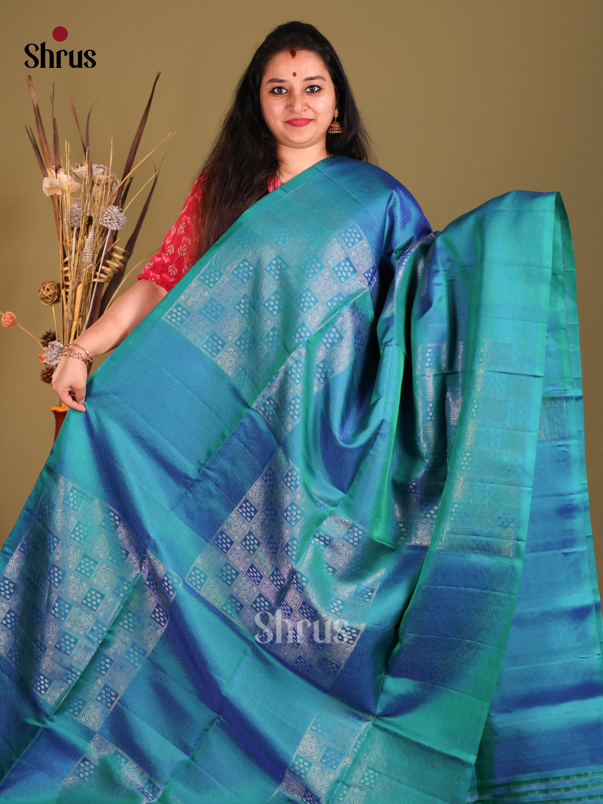 Peacock Blue single Tone Soft Silk Saree with zari floral brocade - Shop on Shrus.com