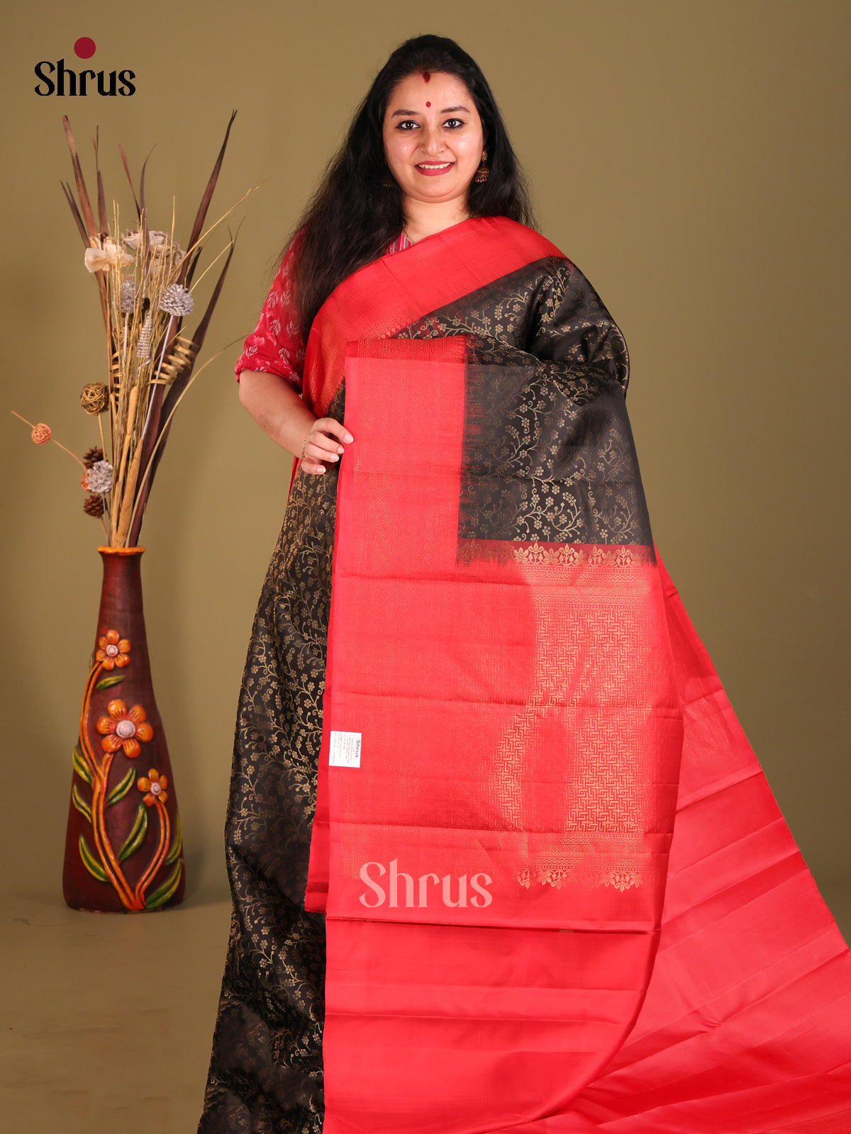 Black & Red Soft Silk Saree with zari woven floral nestling brocade-1