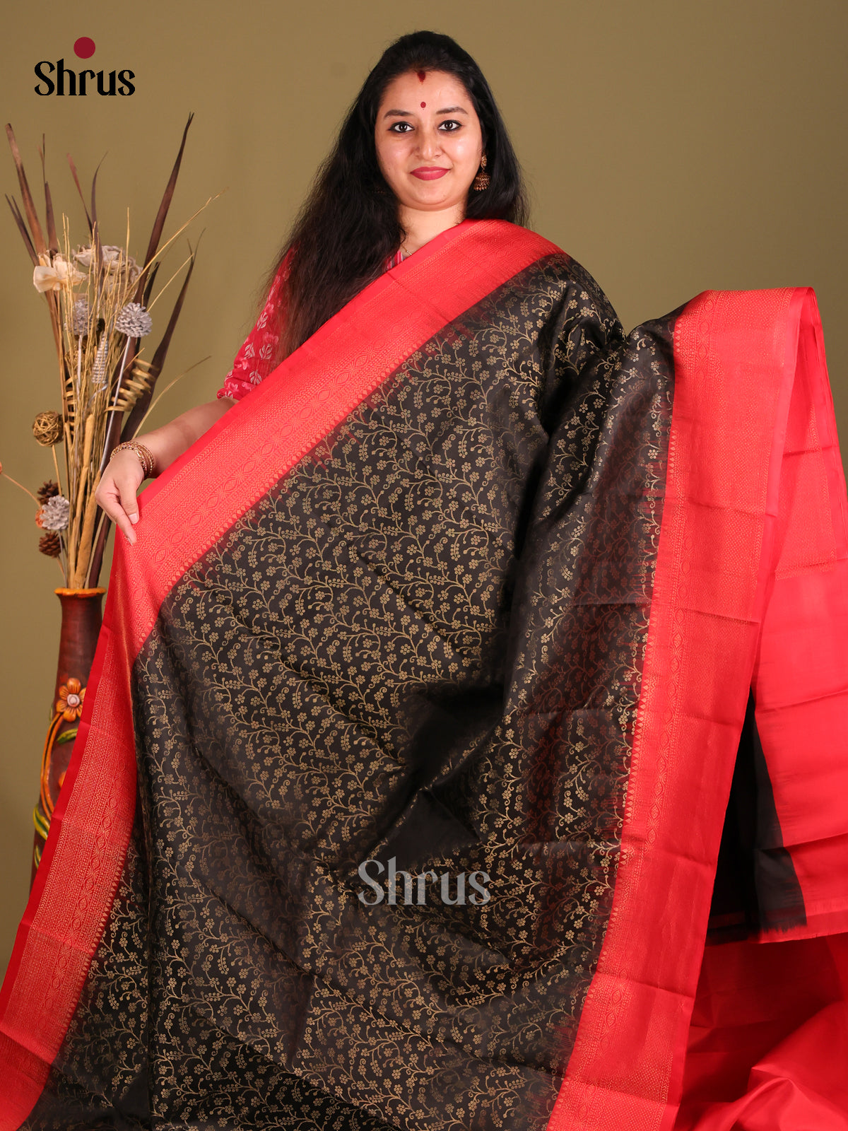 Black & Red Soft Silk Saree with zari woven floral nestling brocade-2